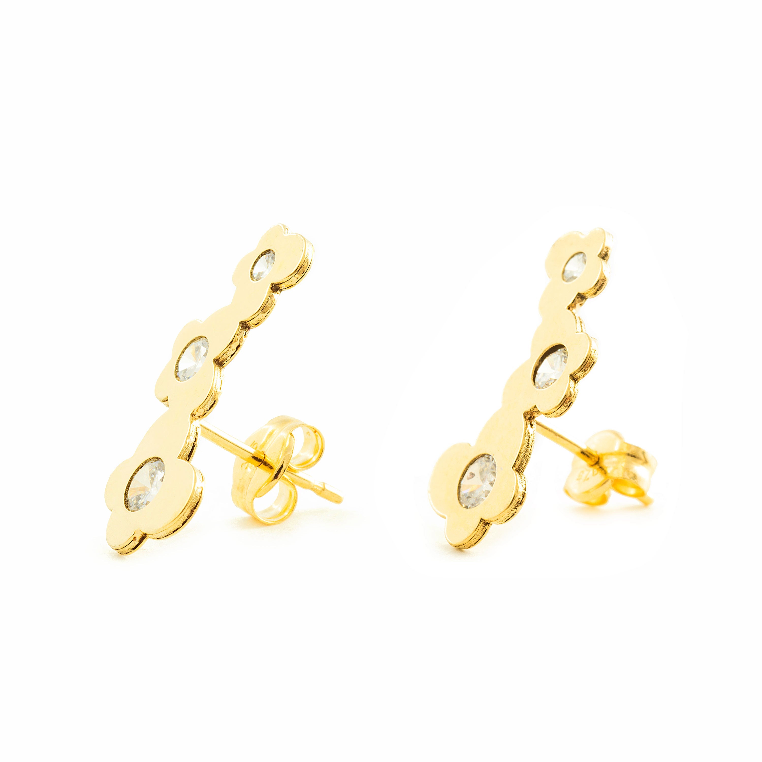 Women's-Girl's Earrings 9K Yellow Gold Climbing Butterflies Shiny Zirconia