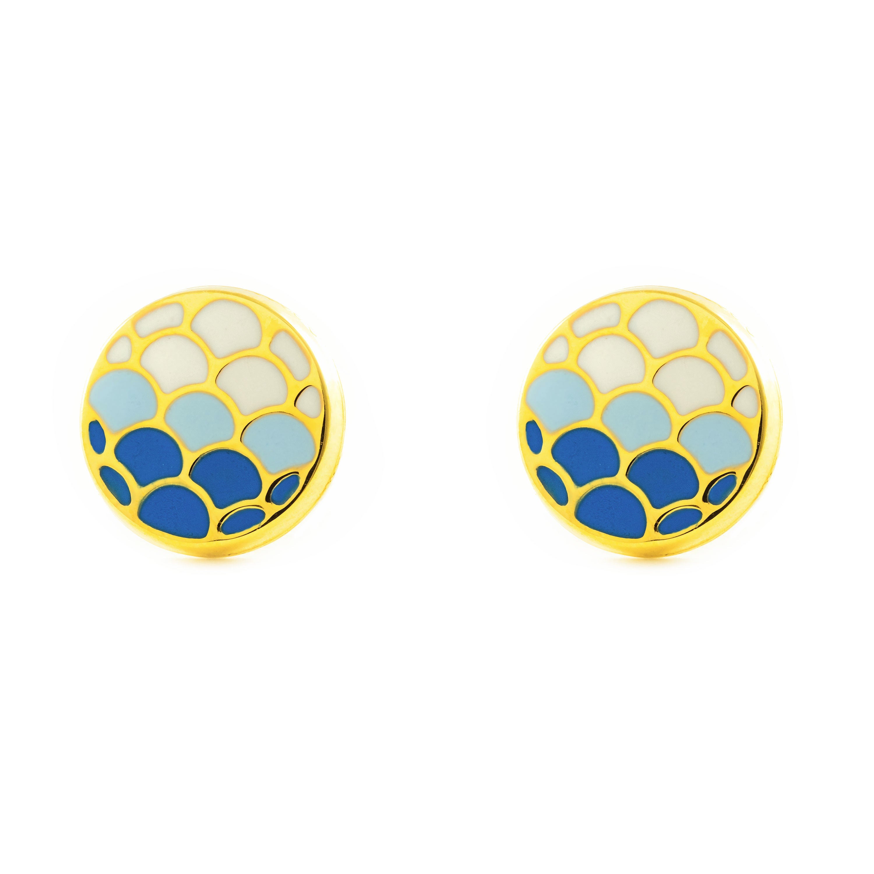 Women's-Girl's Earrings 9K Yellow Gold Round Shiny Blue Enamel