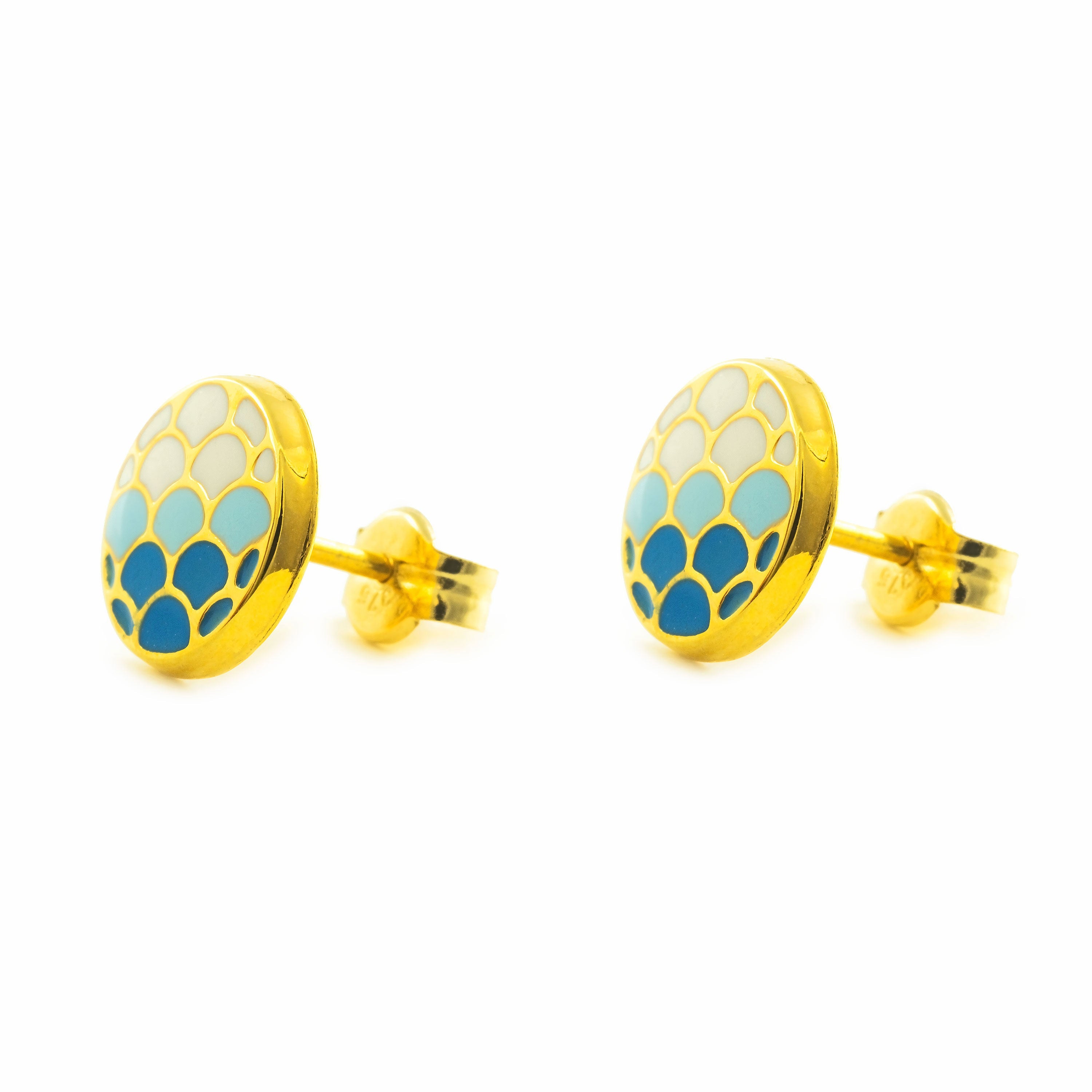 Women's-Girl's Earrings 9K Yellow Gold Round Shiny Blue Enamel