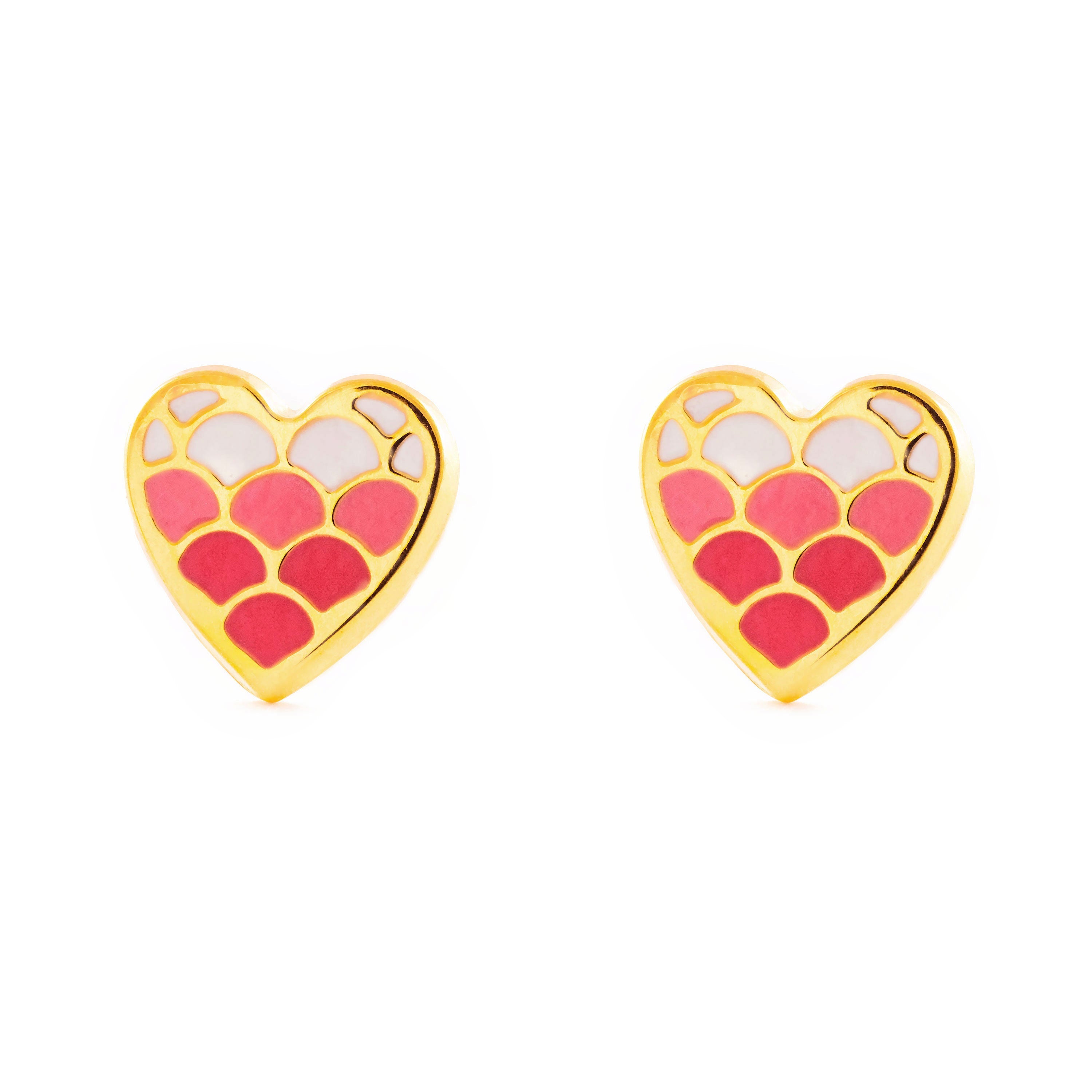 Pendientes Mujer-Niña Oro Amarillo 9K Corazón Esmalte Rosa Brillo