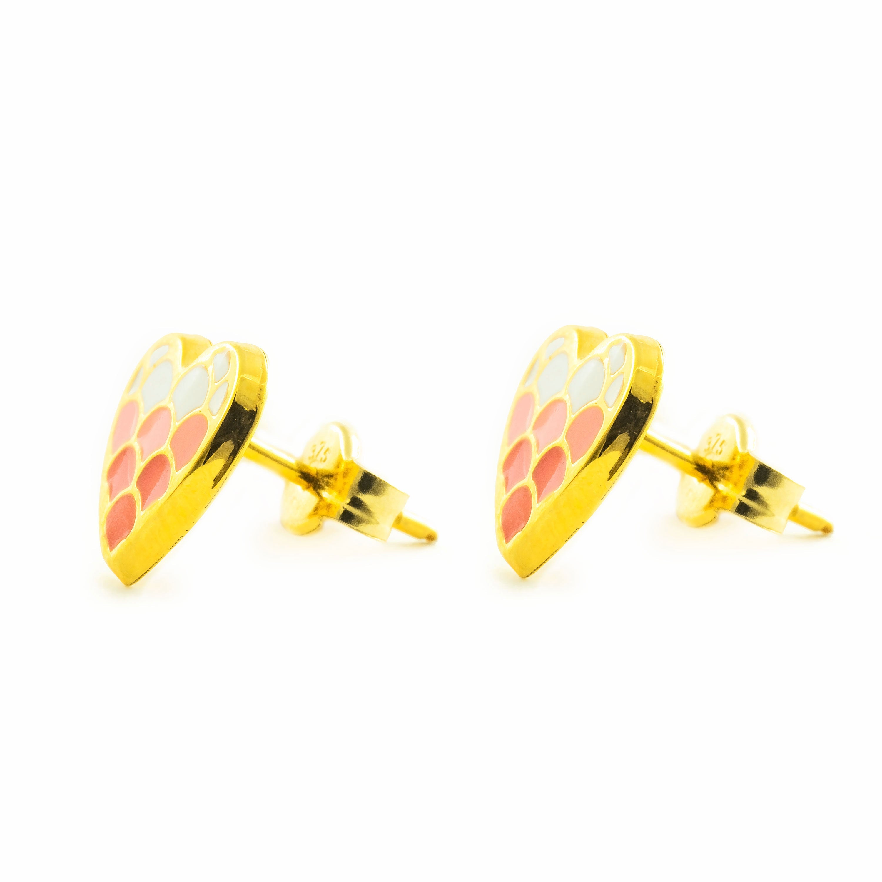 Women's-Girl's Earrings 9K Yellow Gold Shiny Pink Enamel Heart