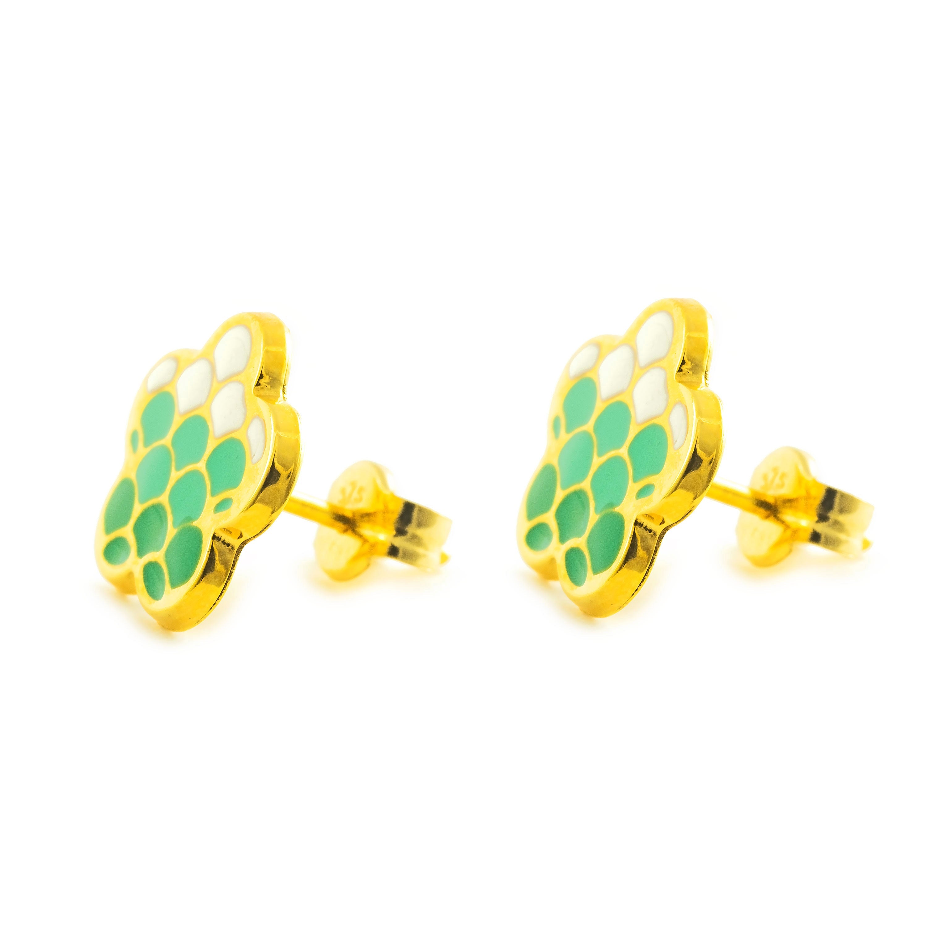 Women's-Girl's Earrings 9K Yellow Gold Shiny Green Enamel Flower