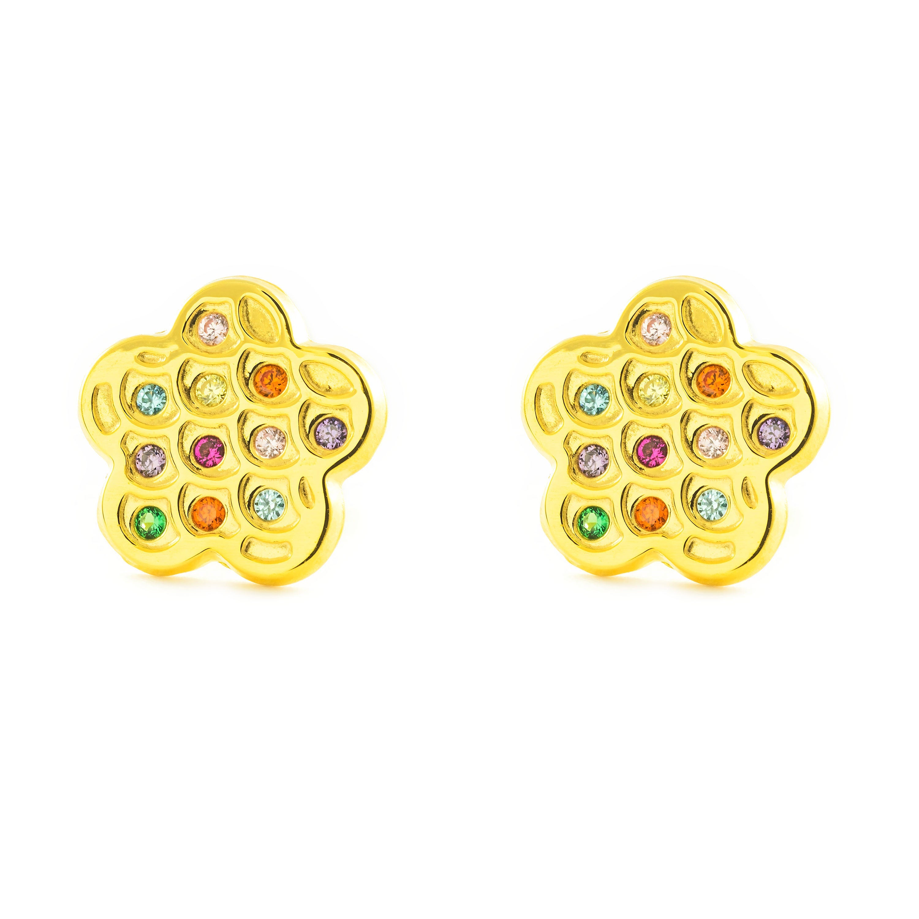 Women's-Girl's Earrings 9K Yellow Gold Flower Shiny Color Zircons