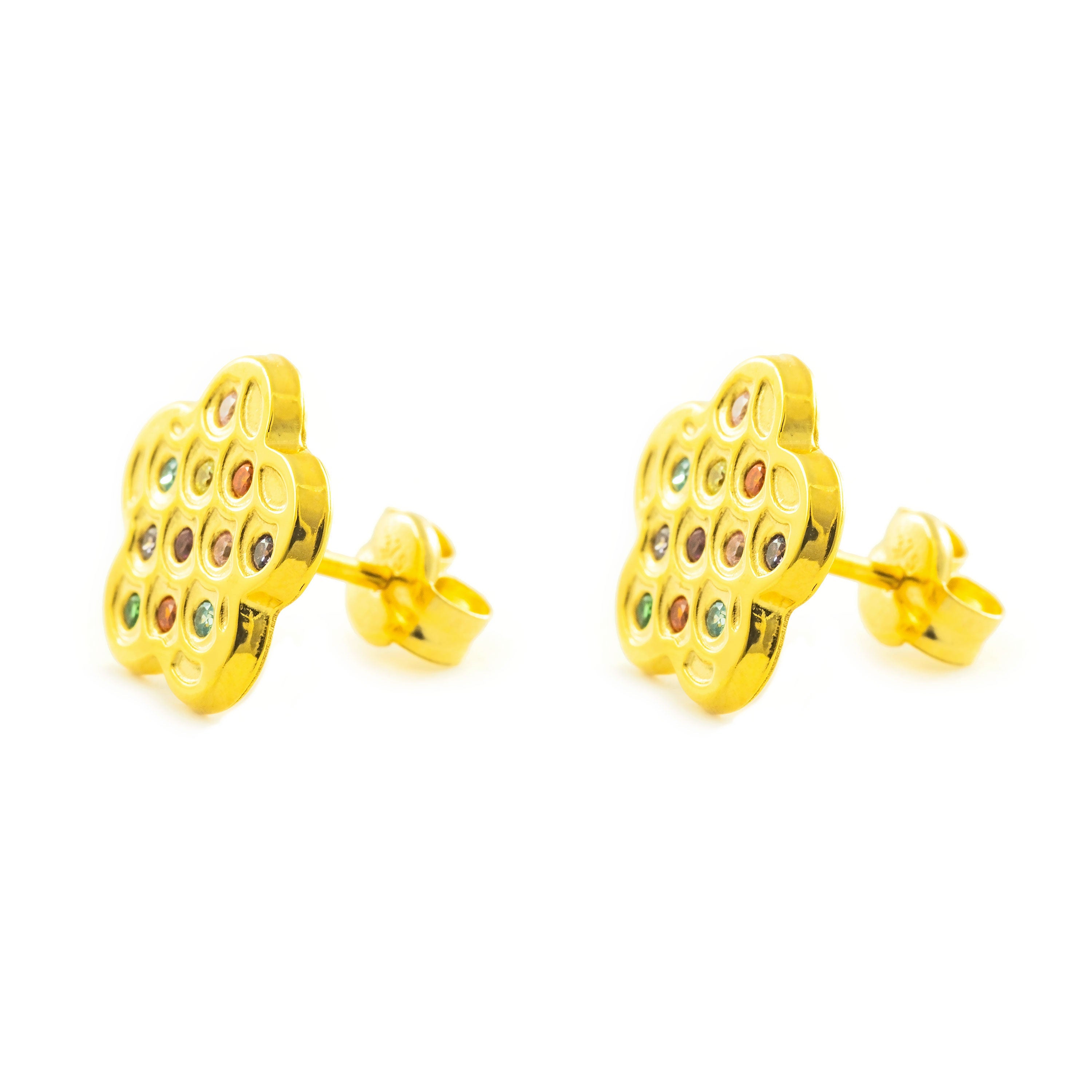 Women's-Girl's Earrings 9K Yellow Gold Flower Shiny Color Zircons