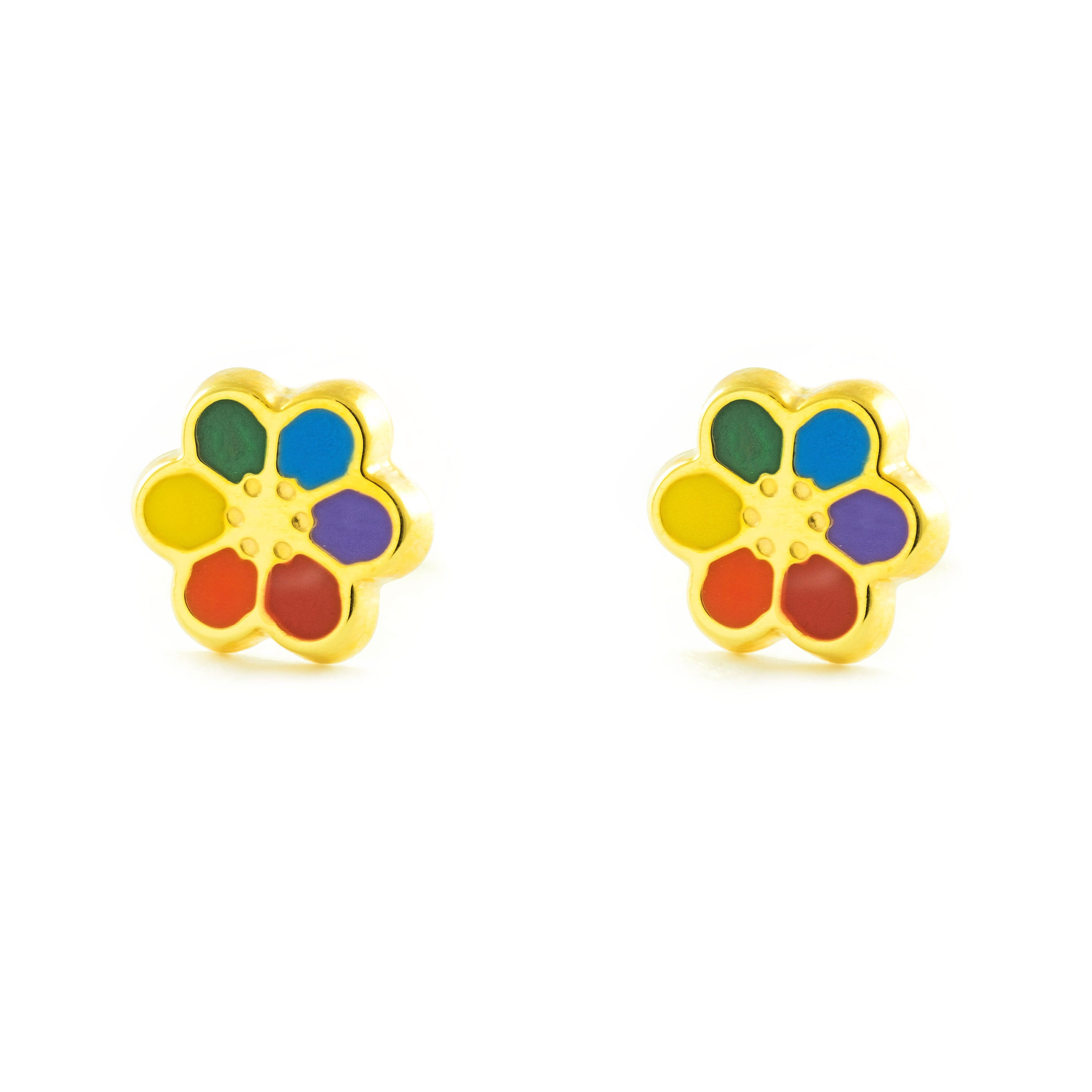 Girl's Earrings 9K Yellow Gold Shiny Multicolor Enamel Flower