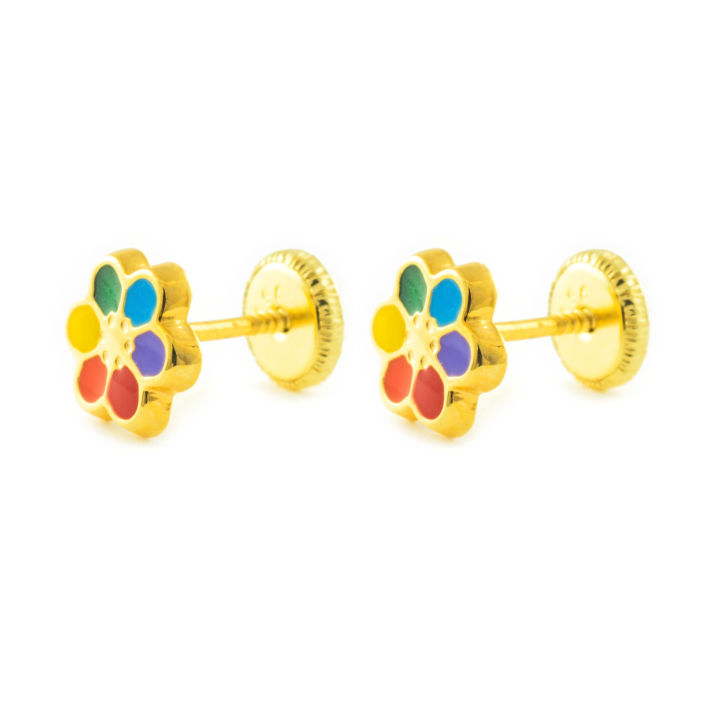 Girl's Earrings 9K Yellow Gold Shiny Multicolor Enamel Flower