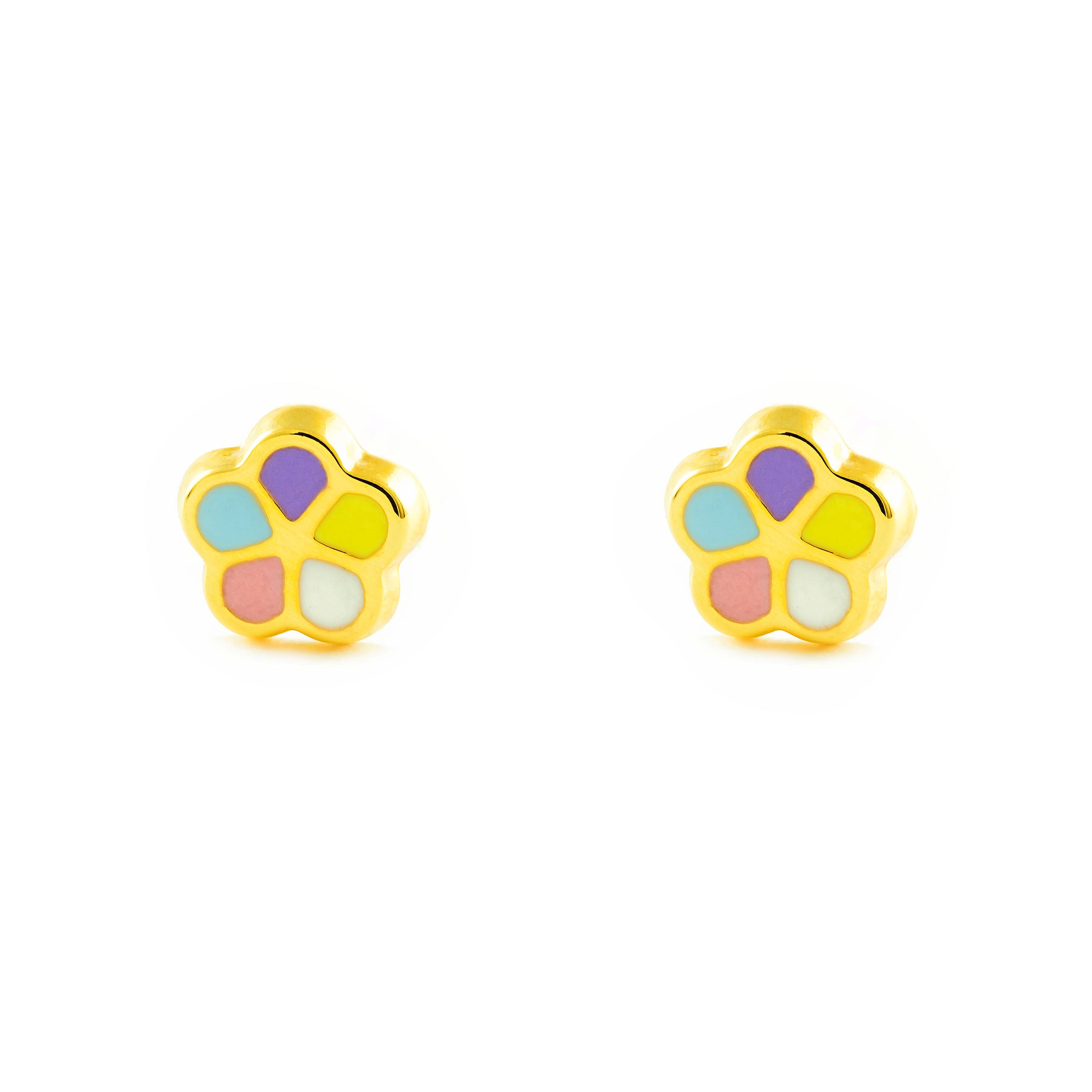 Baby-Girl Earrings 9K Yellow Gold Daisy Flower Multicolor Shine Enamel