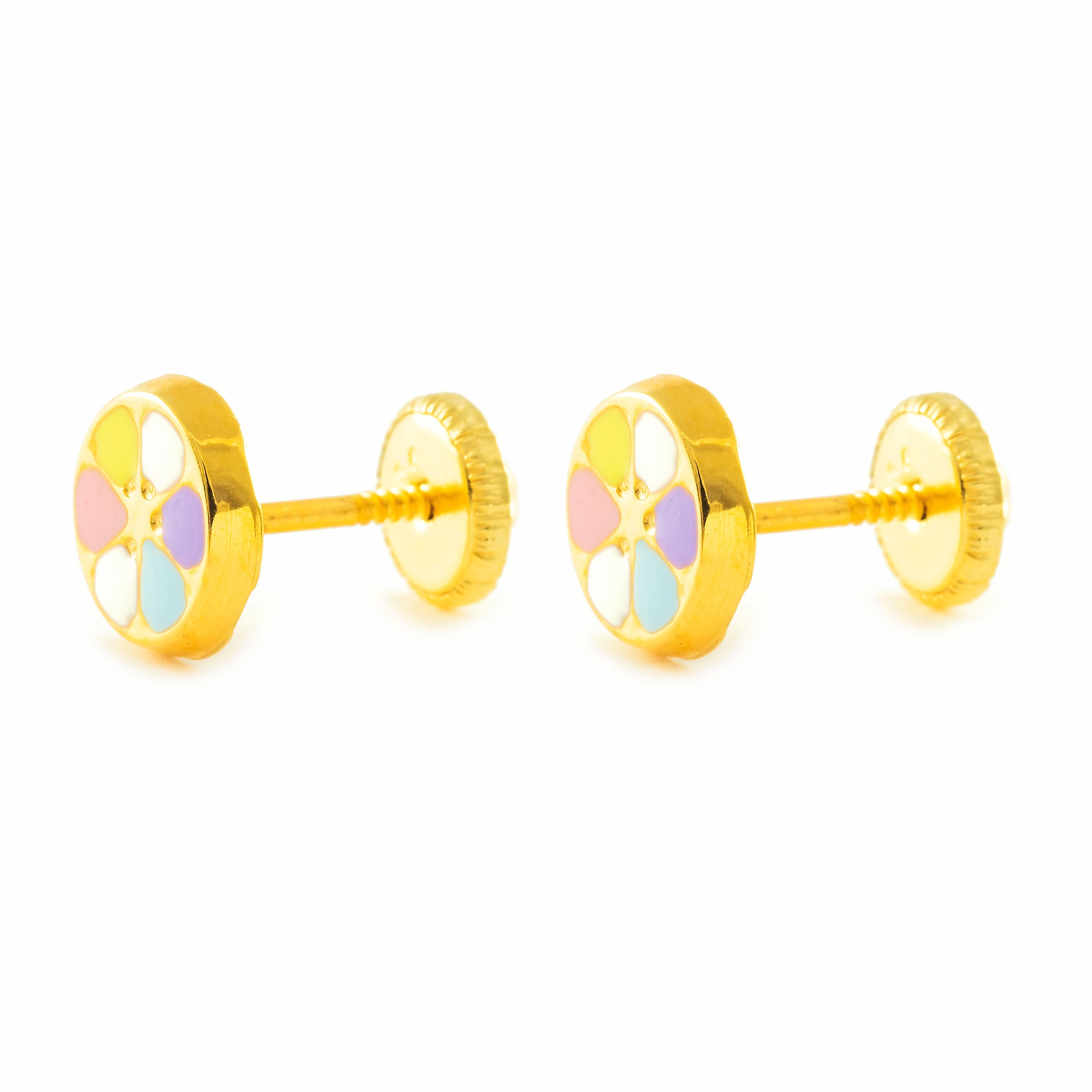 Girl's Earrings 9K Yellow Gold Round Multicolor Shiny Enamel