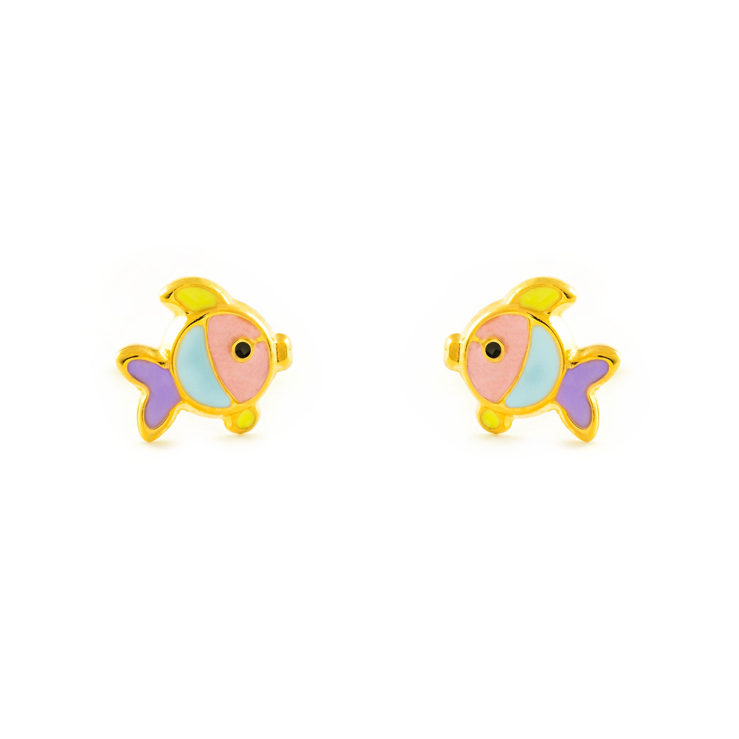 Baby-Girl Earrings 9K Yellow Gold Shiny Multicolor Enamel Fish