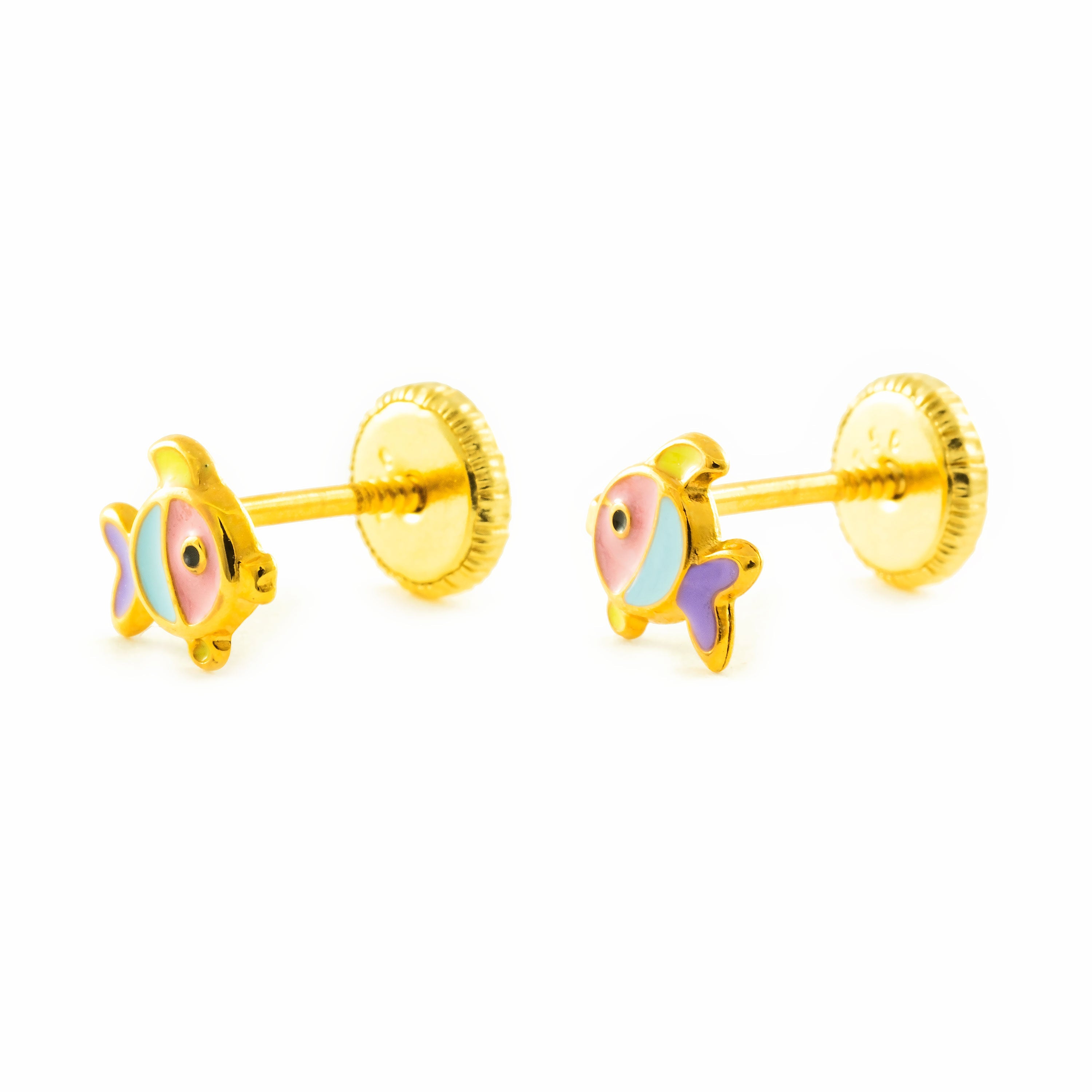 Baby-Girl Earrings 9K Yellow Gold Shiny Multicolor Enamel Fish