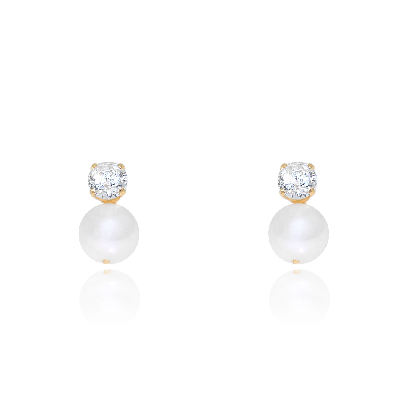 Women-Girl Earrings 18K Yellow Gold You and Me Round Pearl 4.5 mm Shiny Zirconia