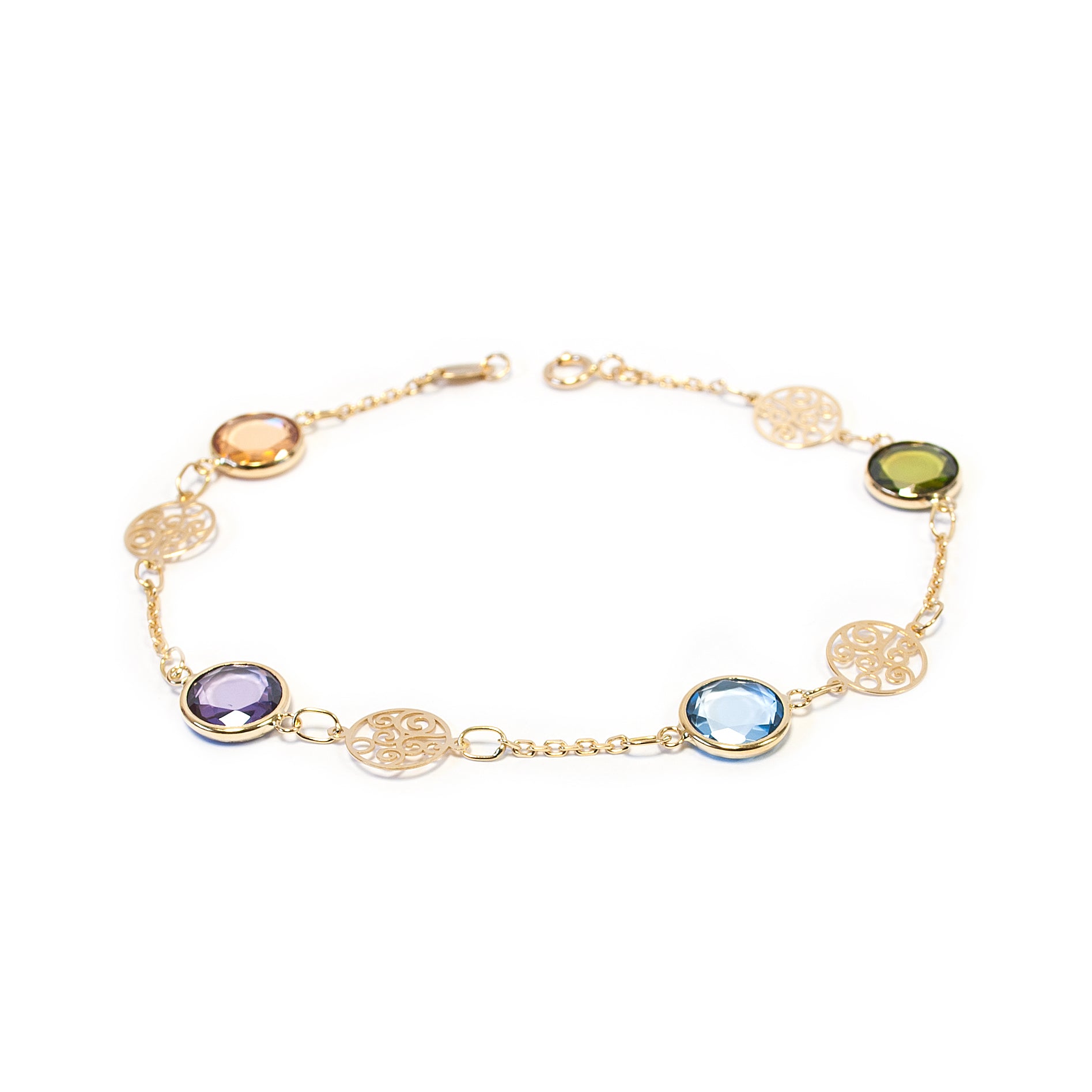 Pulsera Mujer Oro Amarillo 18K Piedras Colores Multicolor Brillo 18 cm