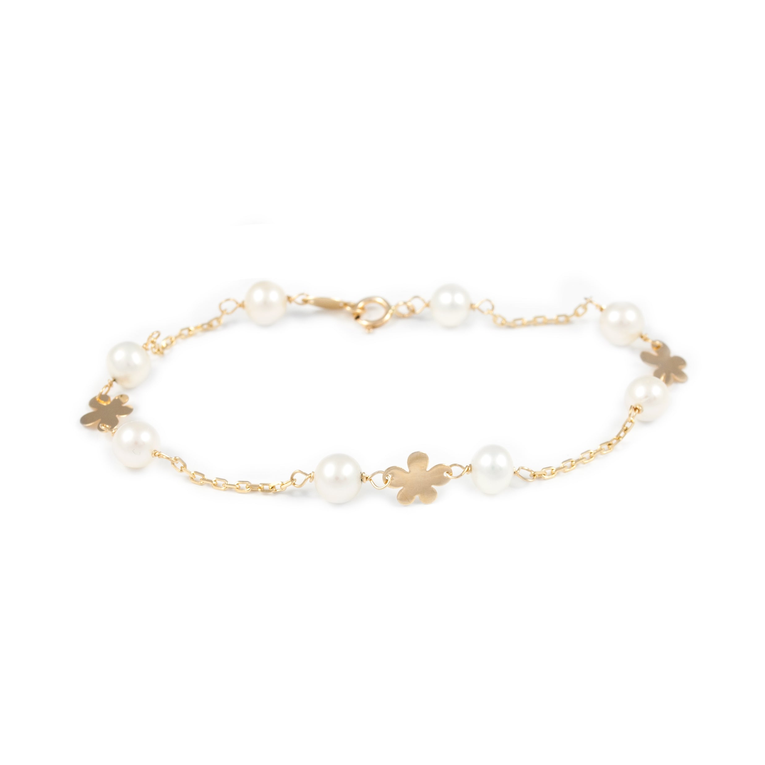 Girl's Bracelet 18K Yellow Gold Round Pearl 5.5 mm Shiny Flower 18 cm