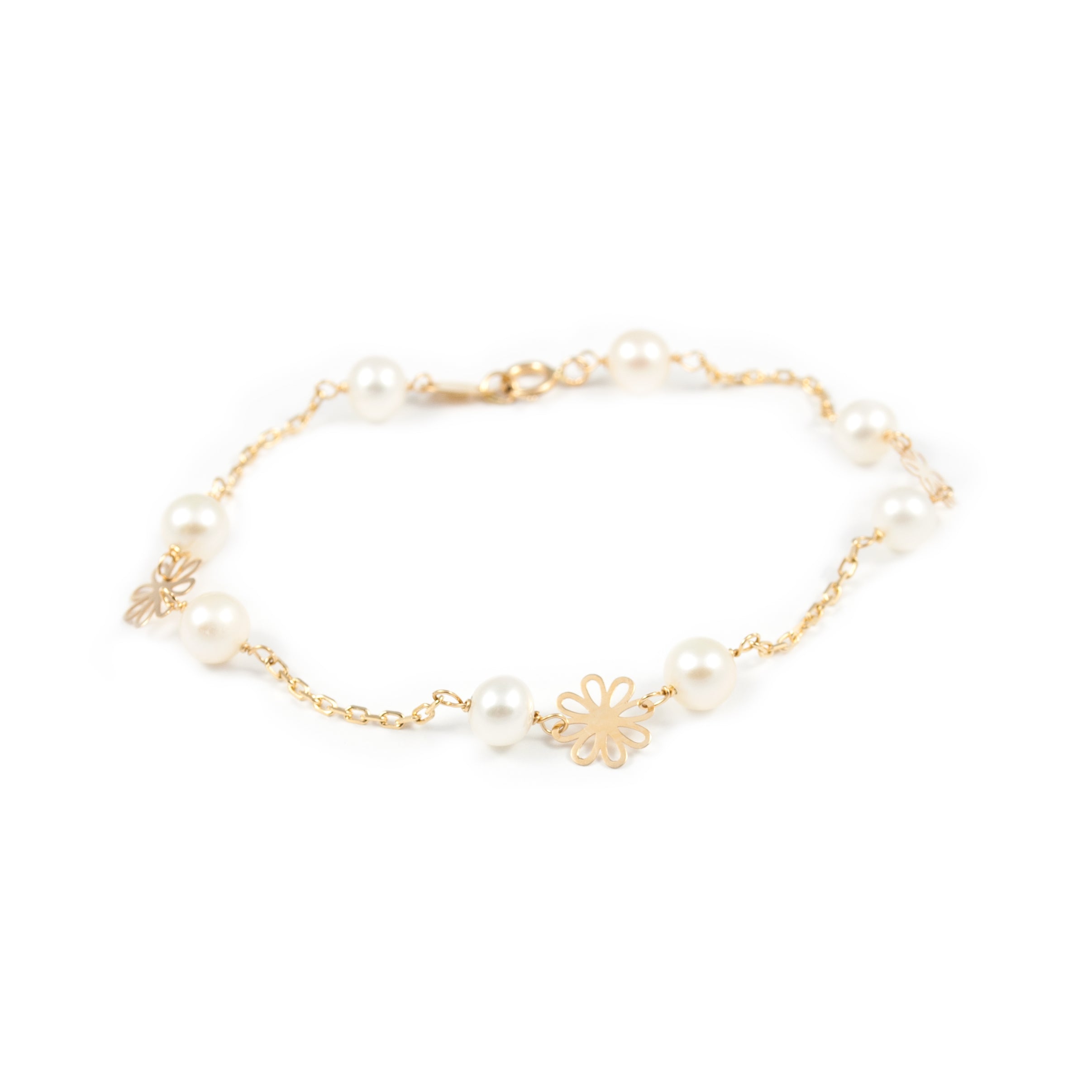 Girl's Bracelet 18K Yellow Gold Round Pearl 5.5 mm Shiny Flower 18 cm