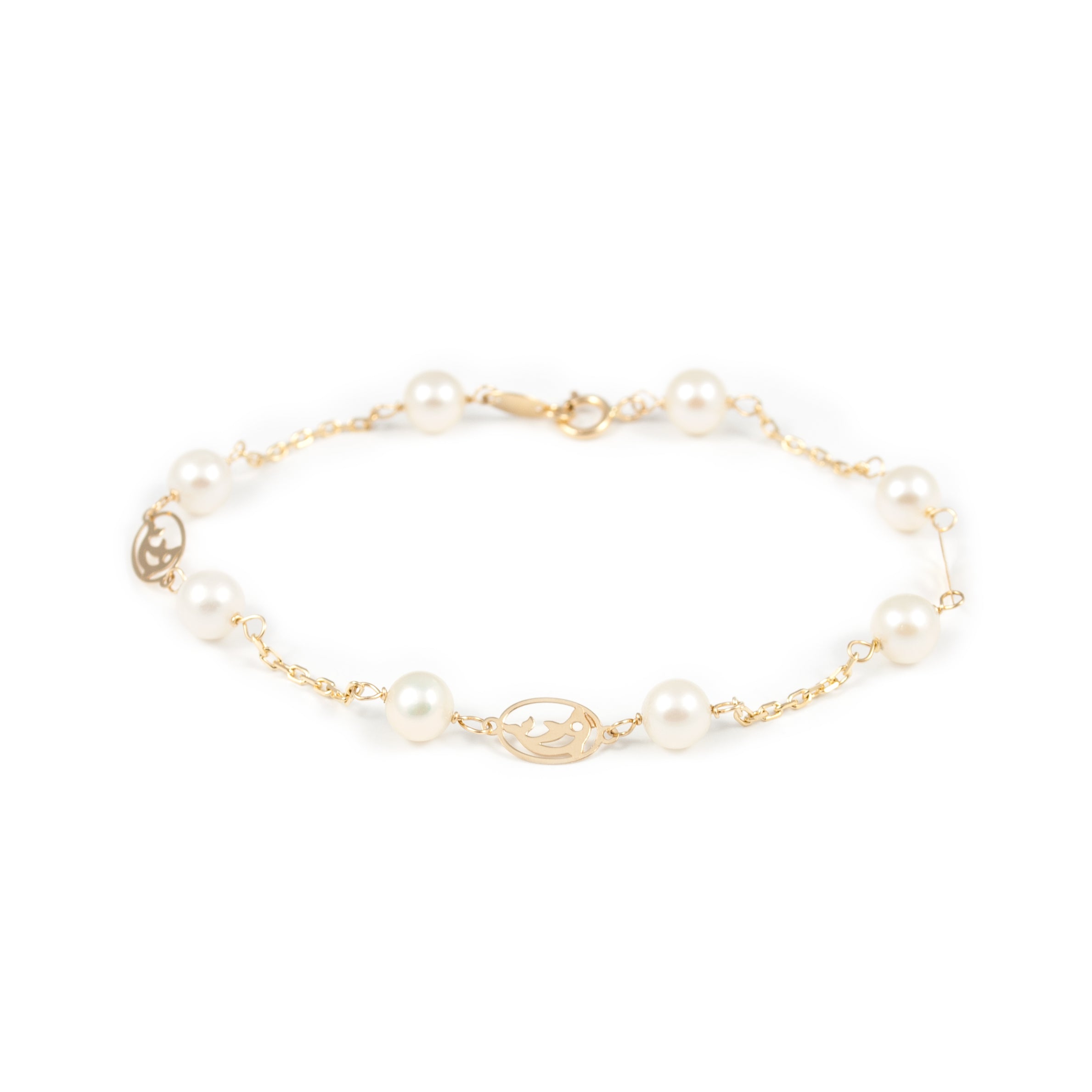 Girl's Bracelet 18K Yellow Gold Round Pearl 5.5 mm Shiny Dolphin 18 cm