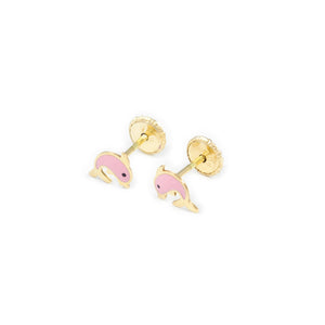 Pendientes Bebe o Niña Oro Delfin esmaltado rosa