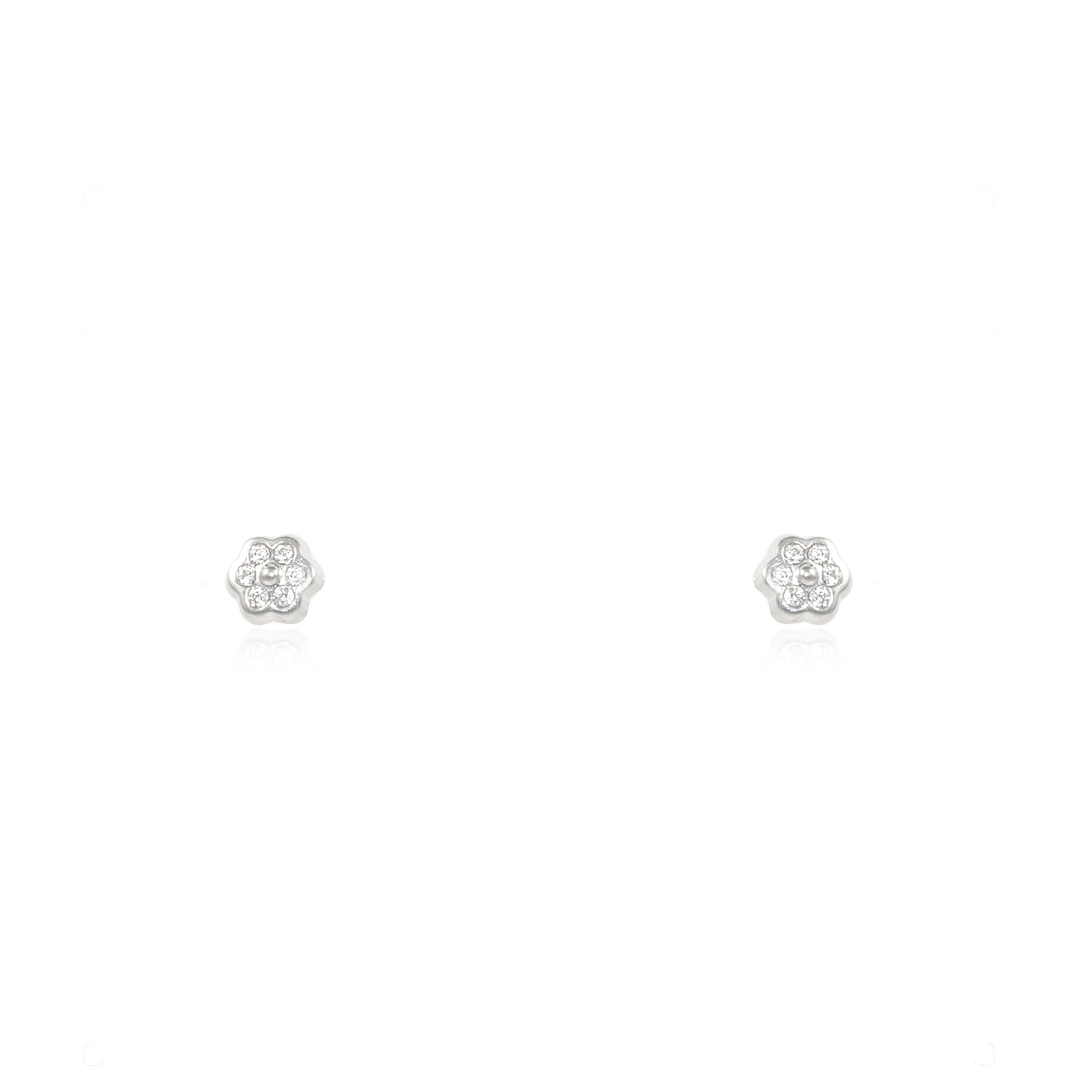 Baby Earrings 18K White Gold Daisy Flower Shiny Zirconia