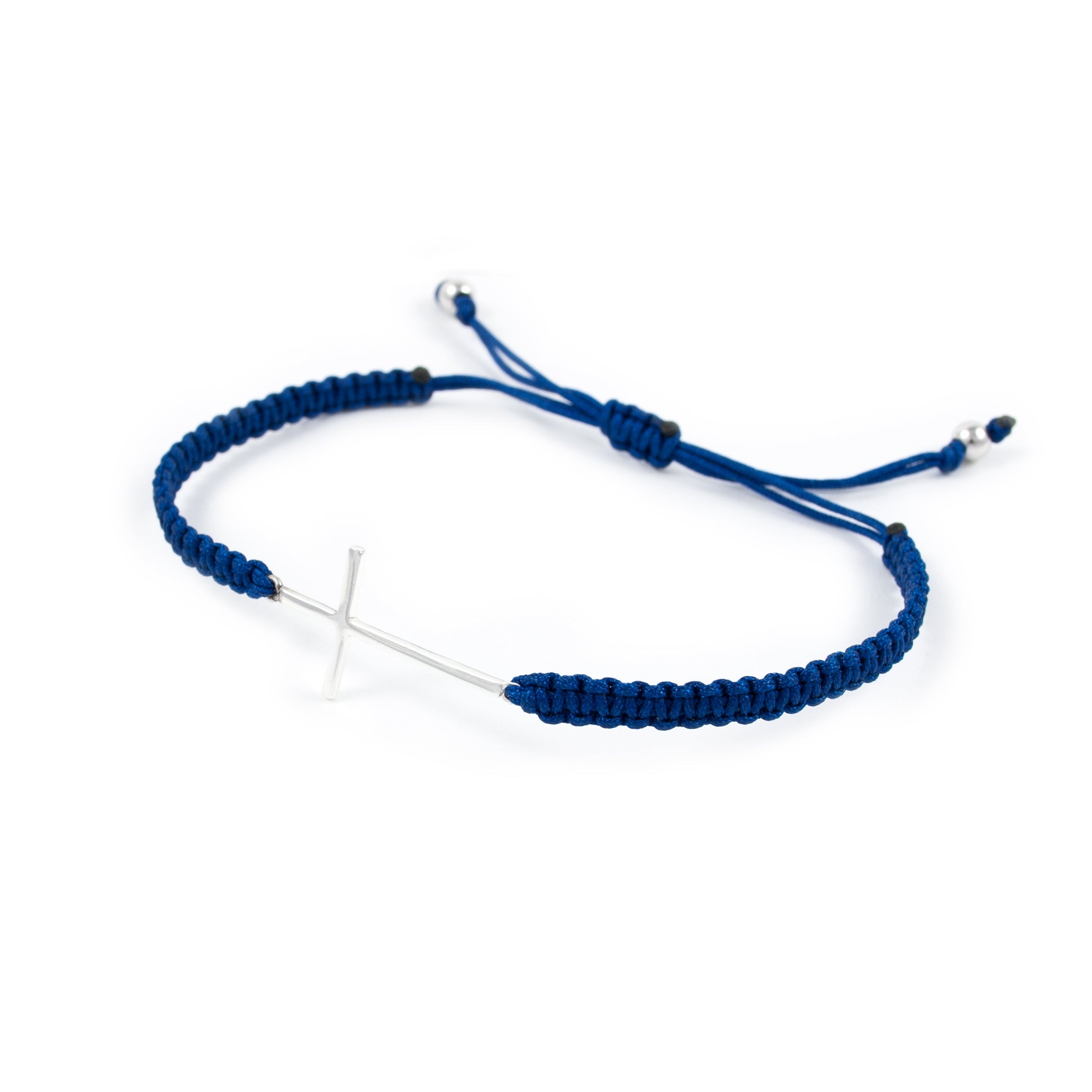 Blue macrame bracelet with silver cross