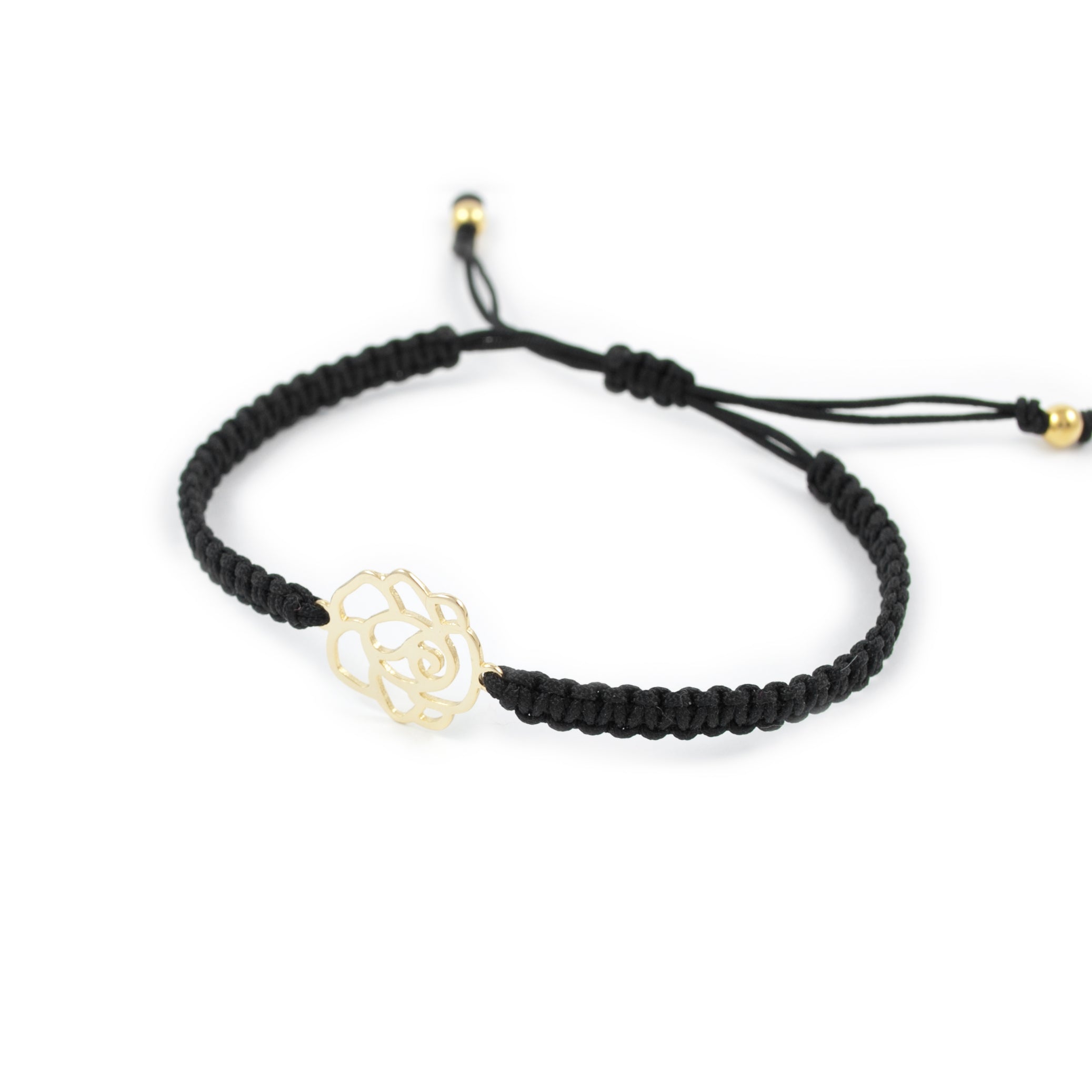 Black macrame bracelet with golden silver flower