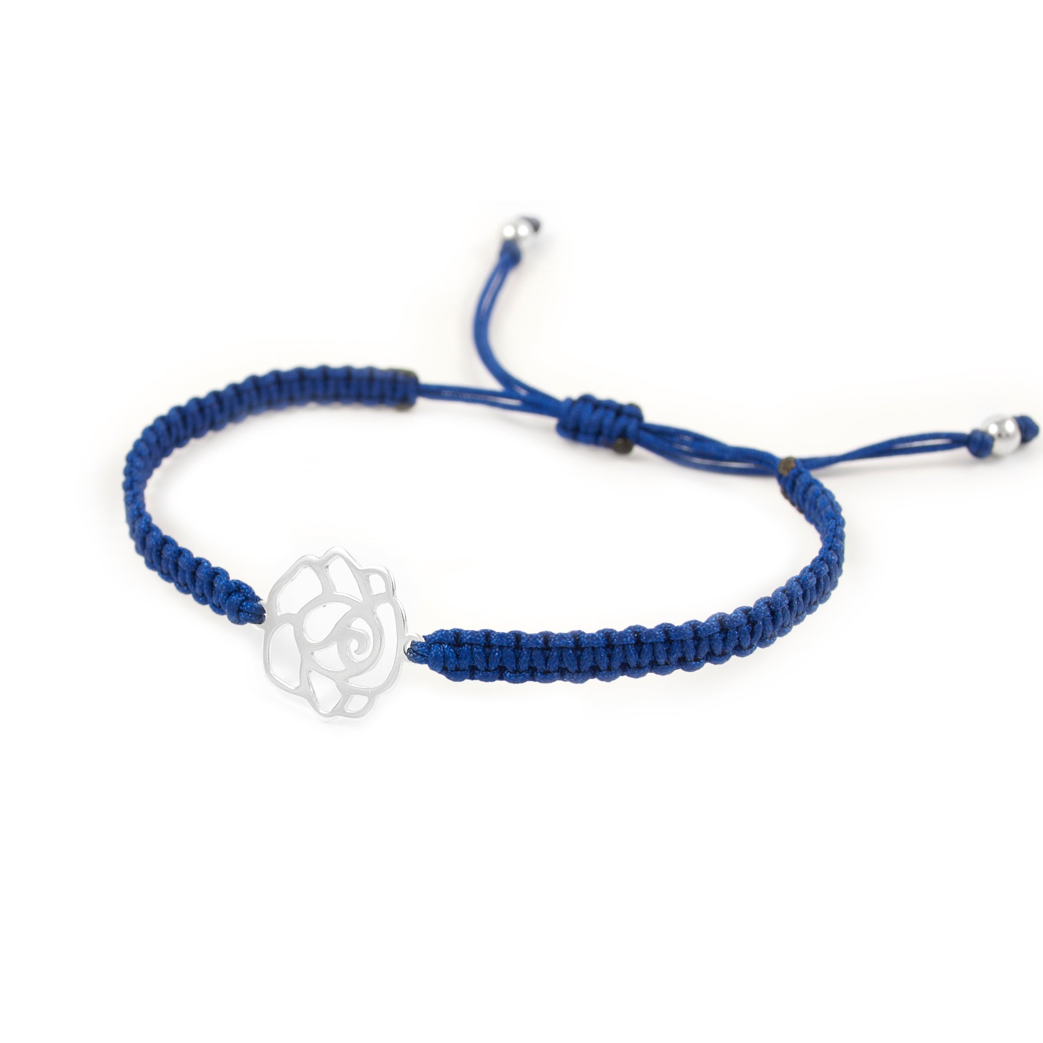 Blue macrame bracelet with silver flower