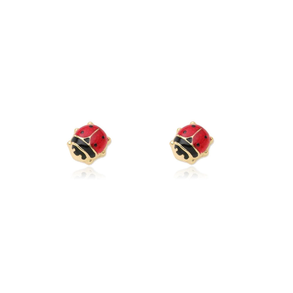 Pendientes Niña Oro Amarillo 9K Mariquita Esmalte Rojo-Negro Brillo