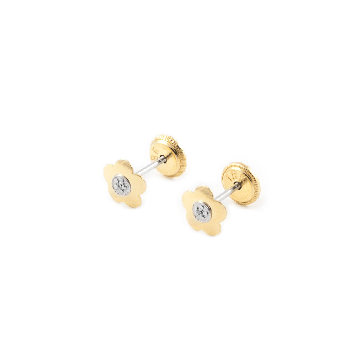 Baby-Girl Earrings 18K Two-Tone Gold Daisy Flower Shiny Zirconia