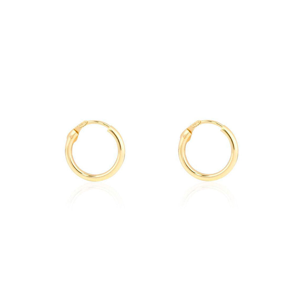 18K Yellow Gold Earrings Round Shiny Hoops 10 x 1.2 mm