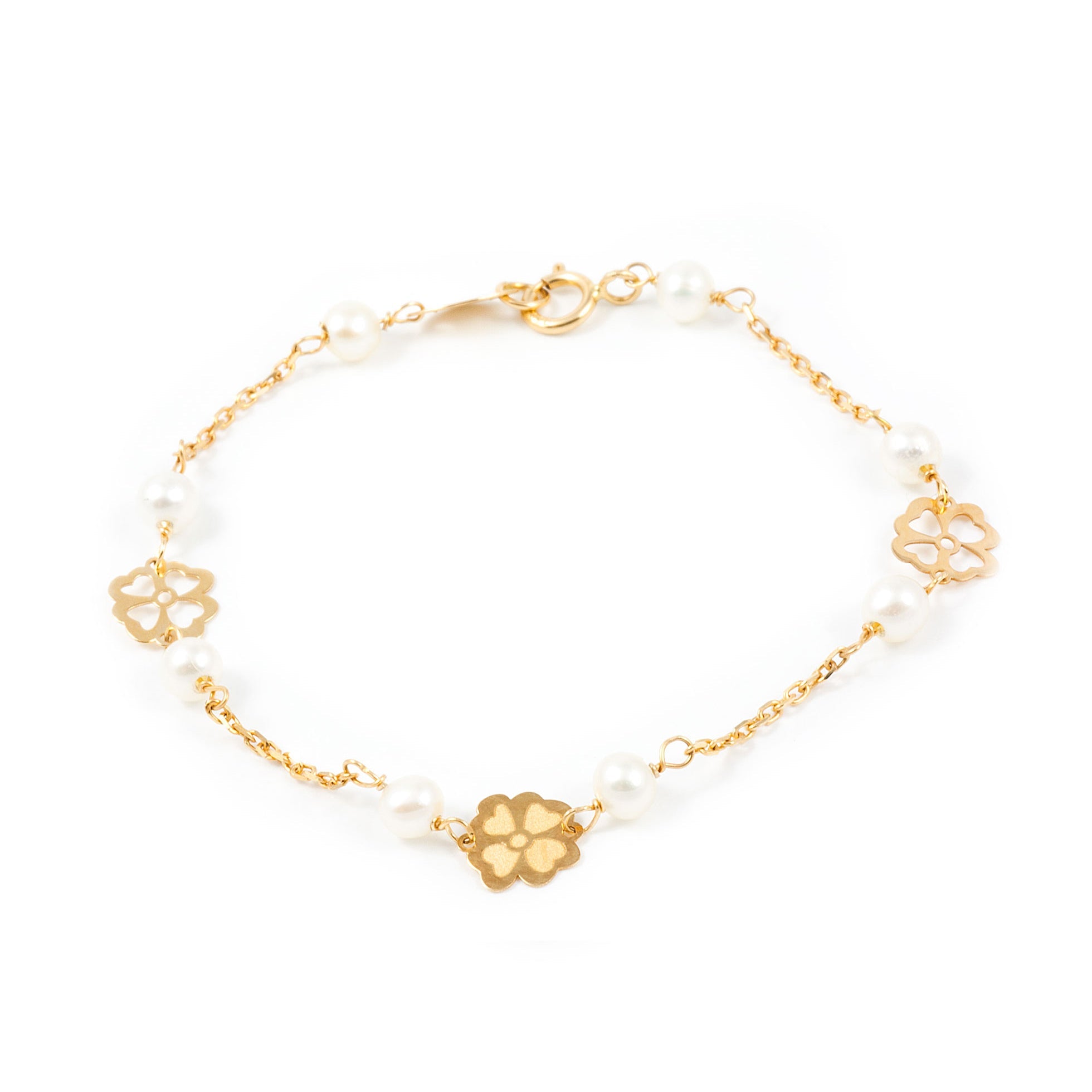 Girl's Bracelet 18K Yellow Gold Round Pearl 3.5 mm Matte and Shiny Flower 14 cm