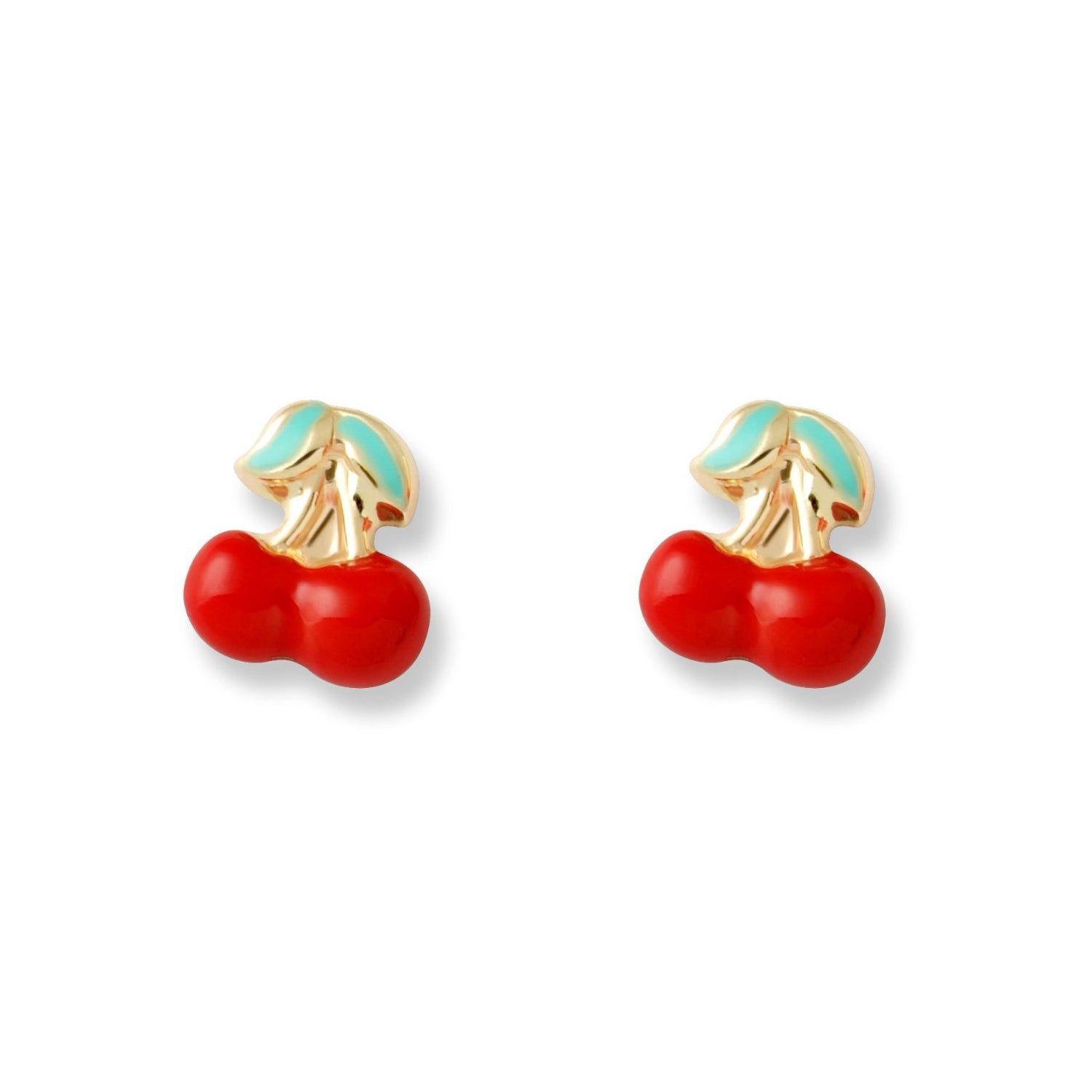 Baby-Girl Earrings 9K Yellow Gold Cherries Red-Green Shine Enamel