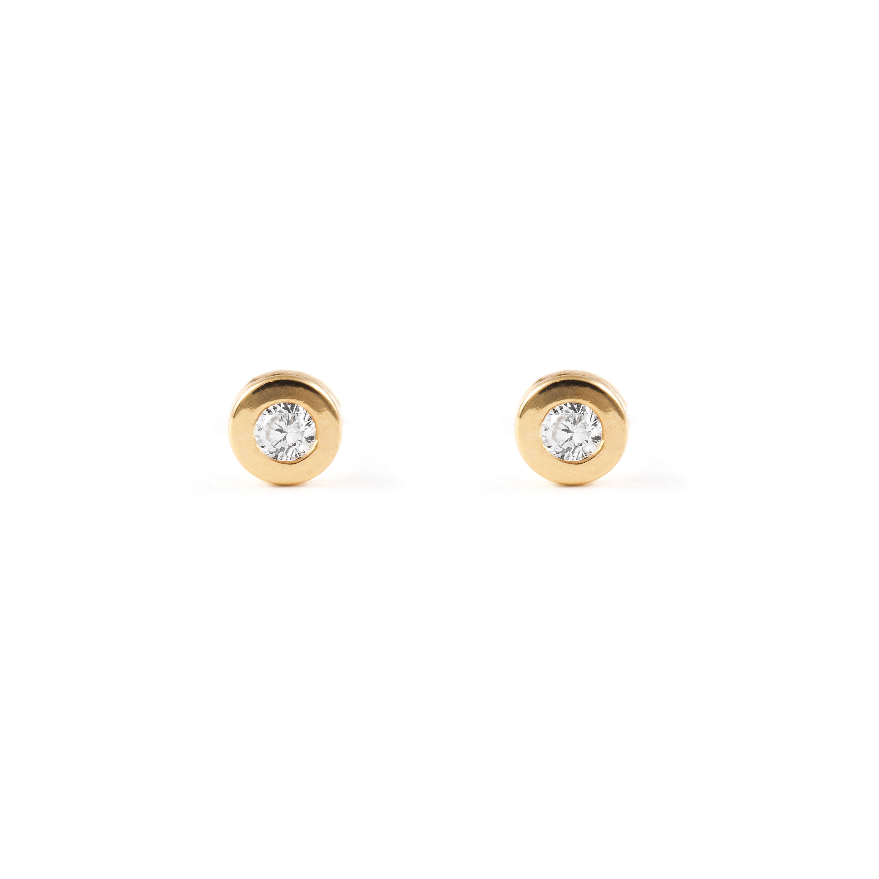 Baby Earrings 18K Yellow Gold Flan Round Shiny Zirconia