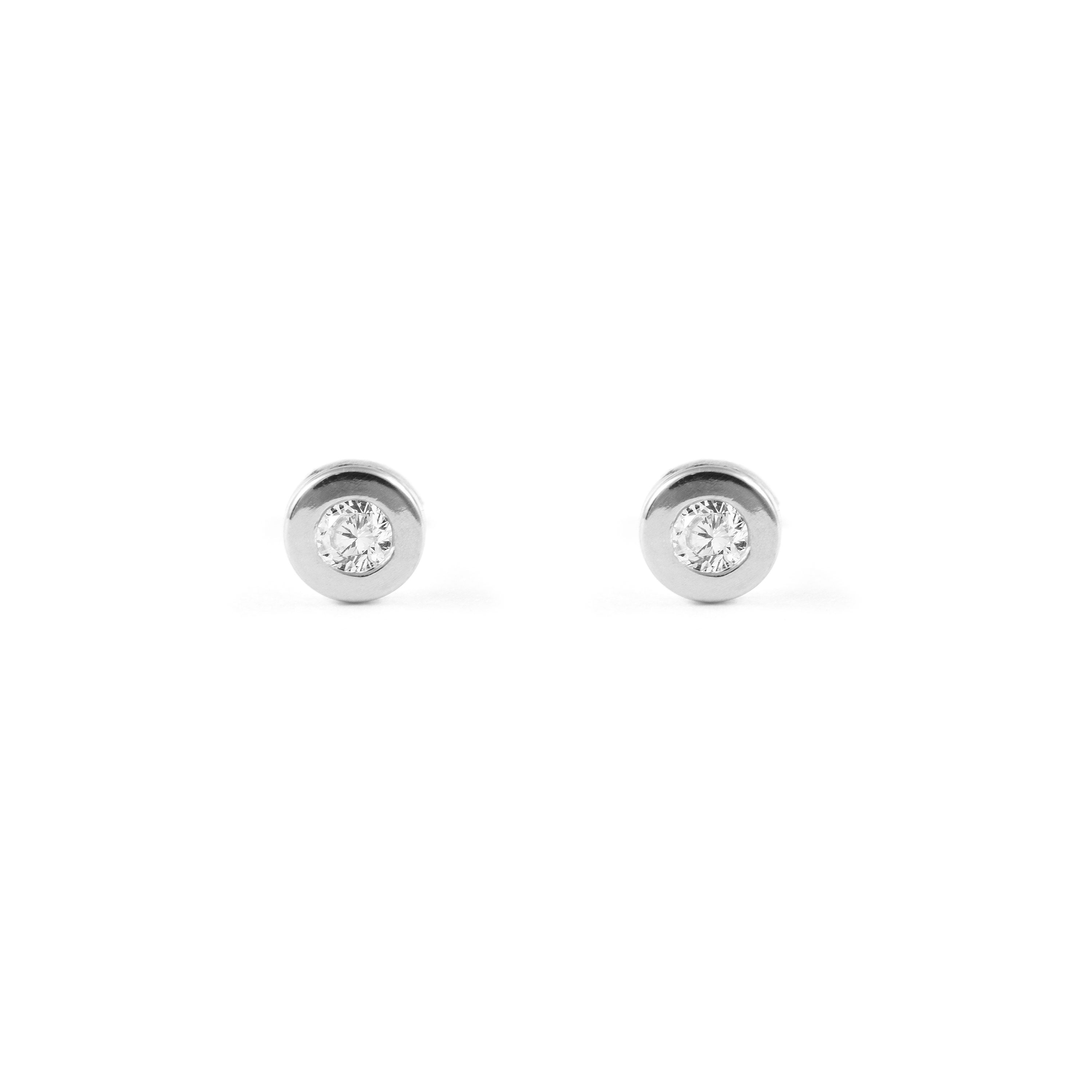 Baby Earrings 18K White Gold Flan Round Shiny Zirconia