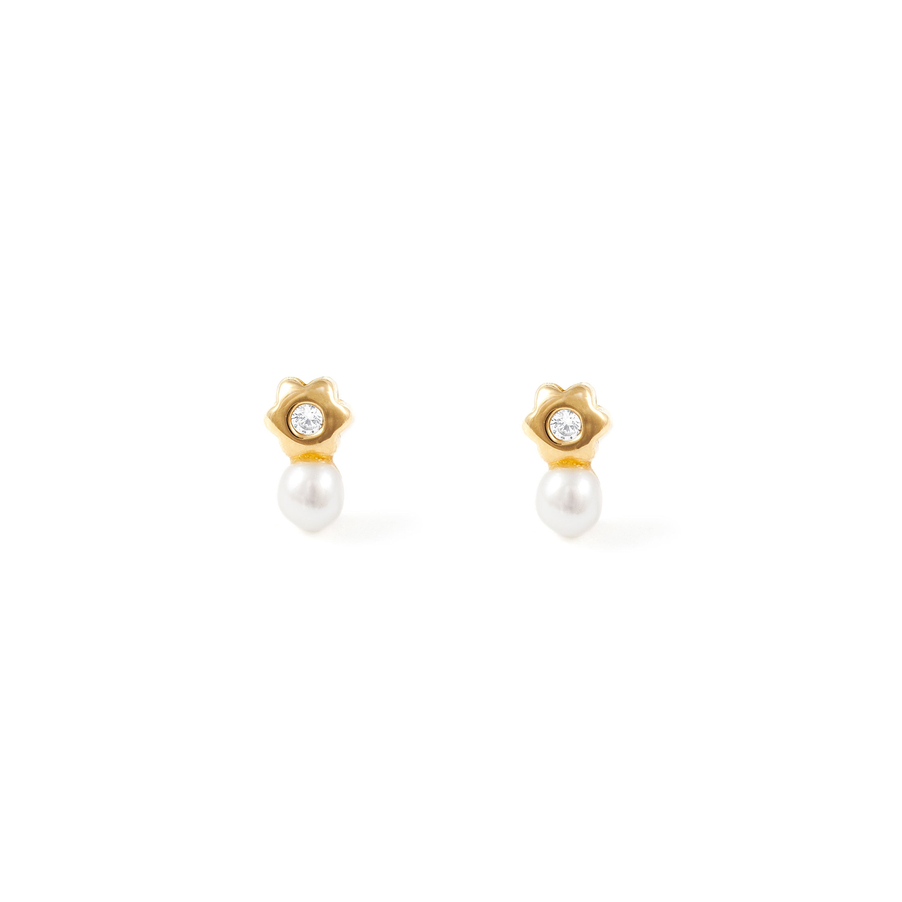 Baby-Girl Earrings 18K Yellow Gold Button Pearl 3.5 mm Daisy Flower Shiny Zirconia