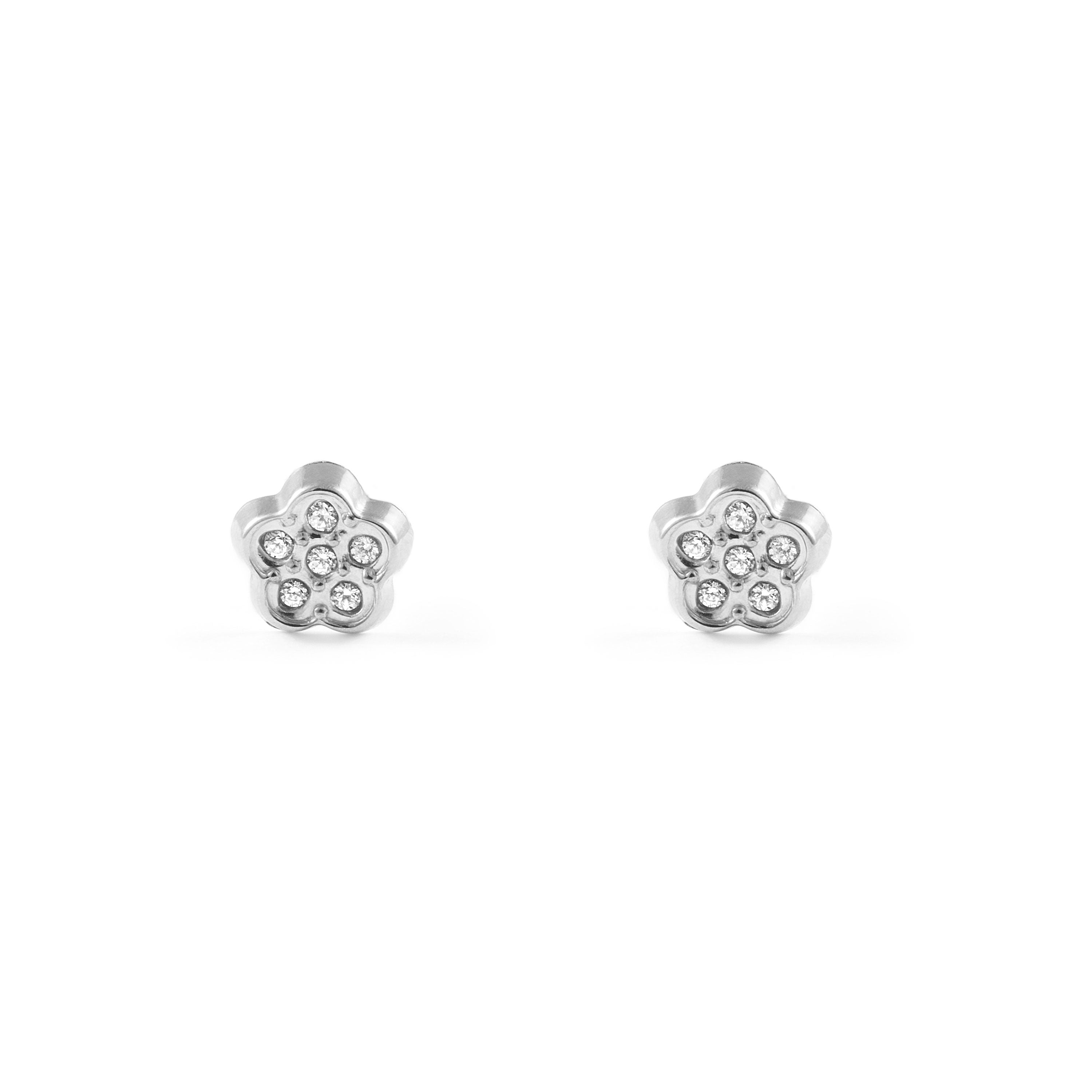 Baby-Girl Earrings 9K White Gold Daisy Flower Shiny Zircons