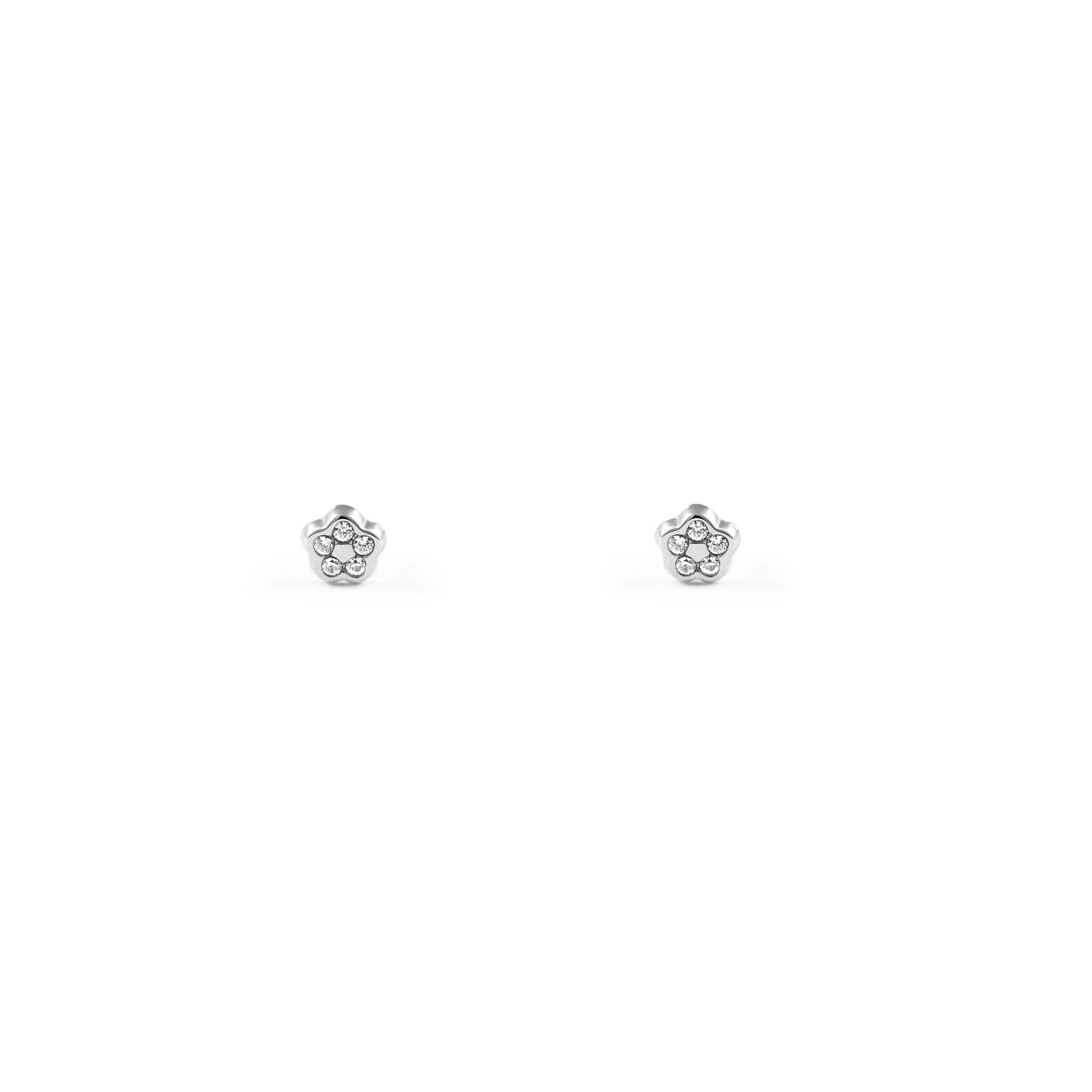 9K White Gold Baby Earrings Shiny Zirconia Daisy Flower