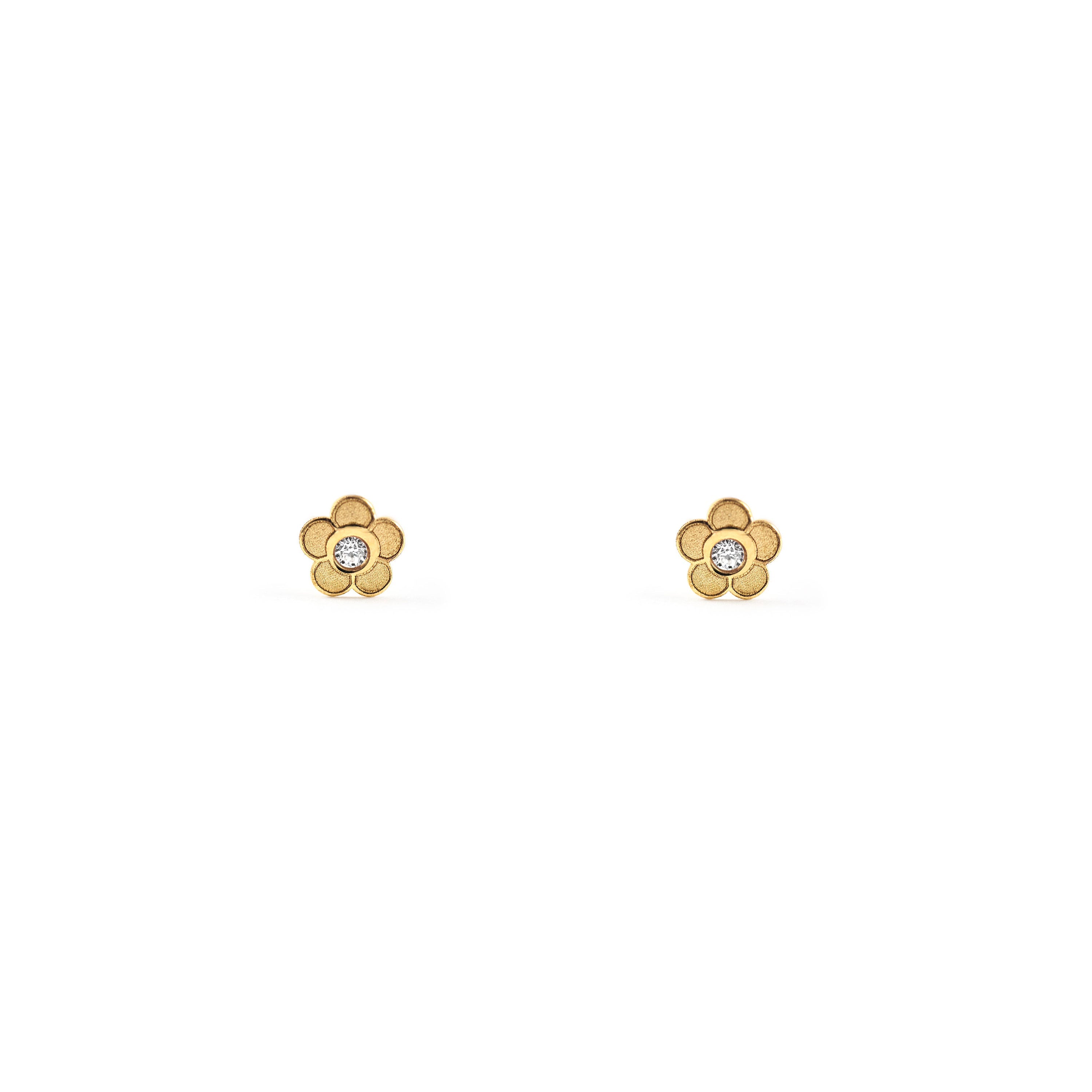 Baby Earrings 9K Yellow Gold Daisy Flower Matte and Shiny Zirconia