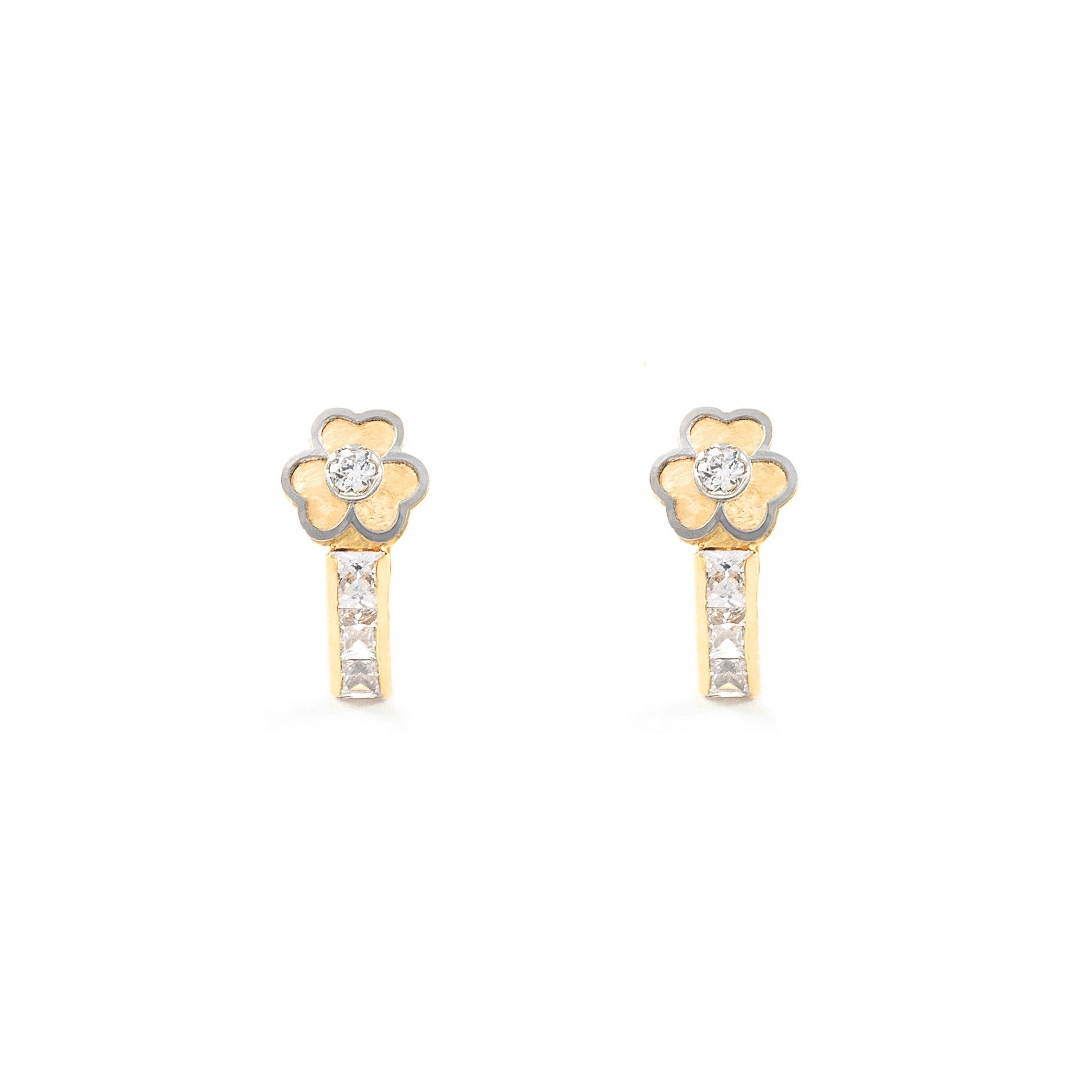 Girl's Earrings 18K Bicolor Gold Clover Shiny Zirconia