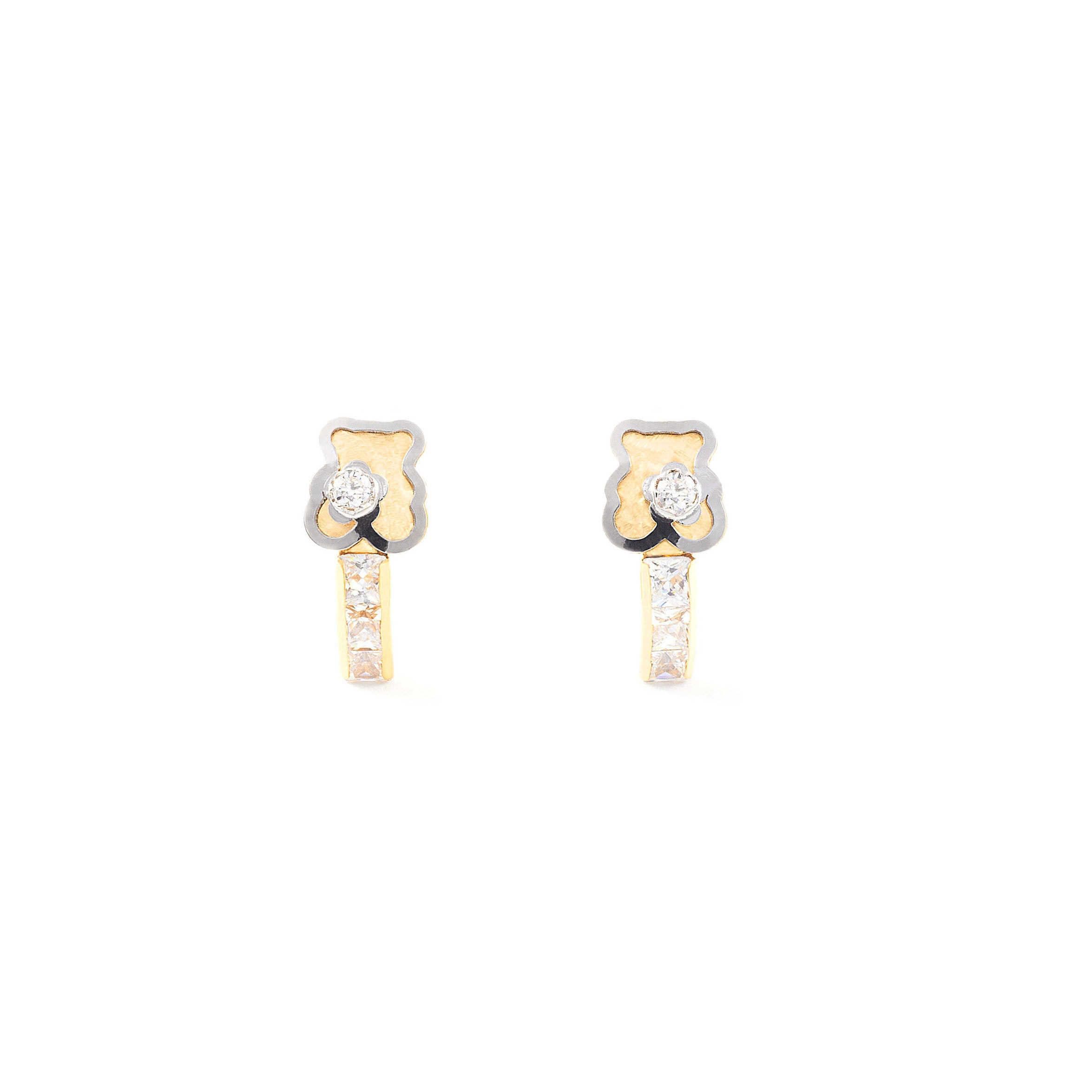 Girl's Earrings 18K Bicolor Gold Bear Shiny Zircons