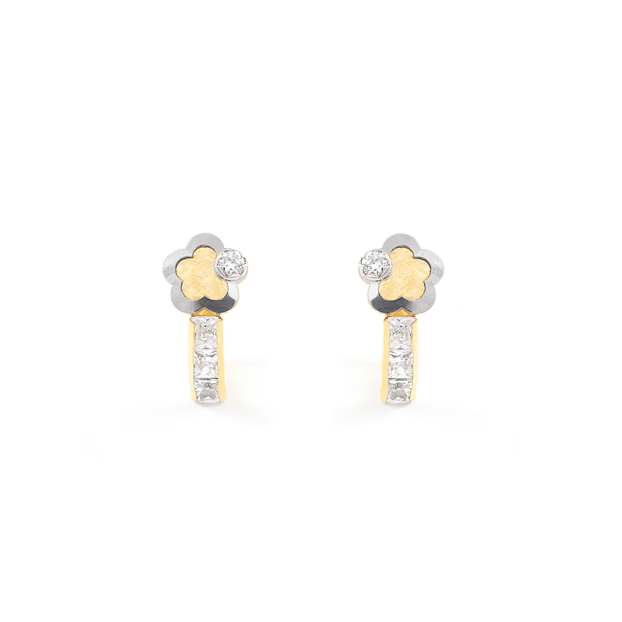 Girl's Earrings 18K Bicolor Gold Flower Shiny Zircons