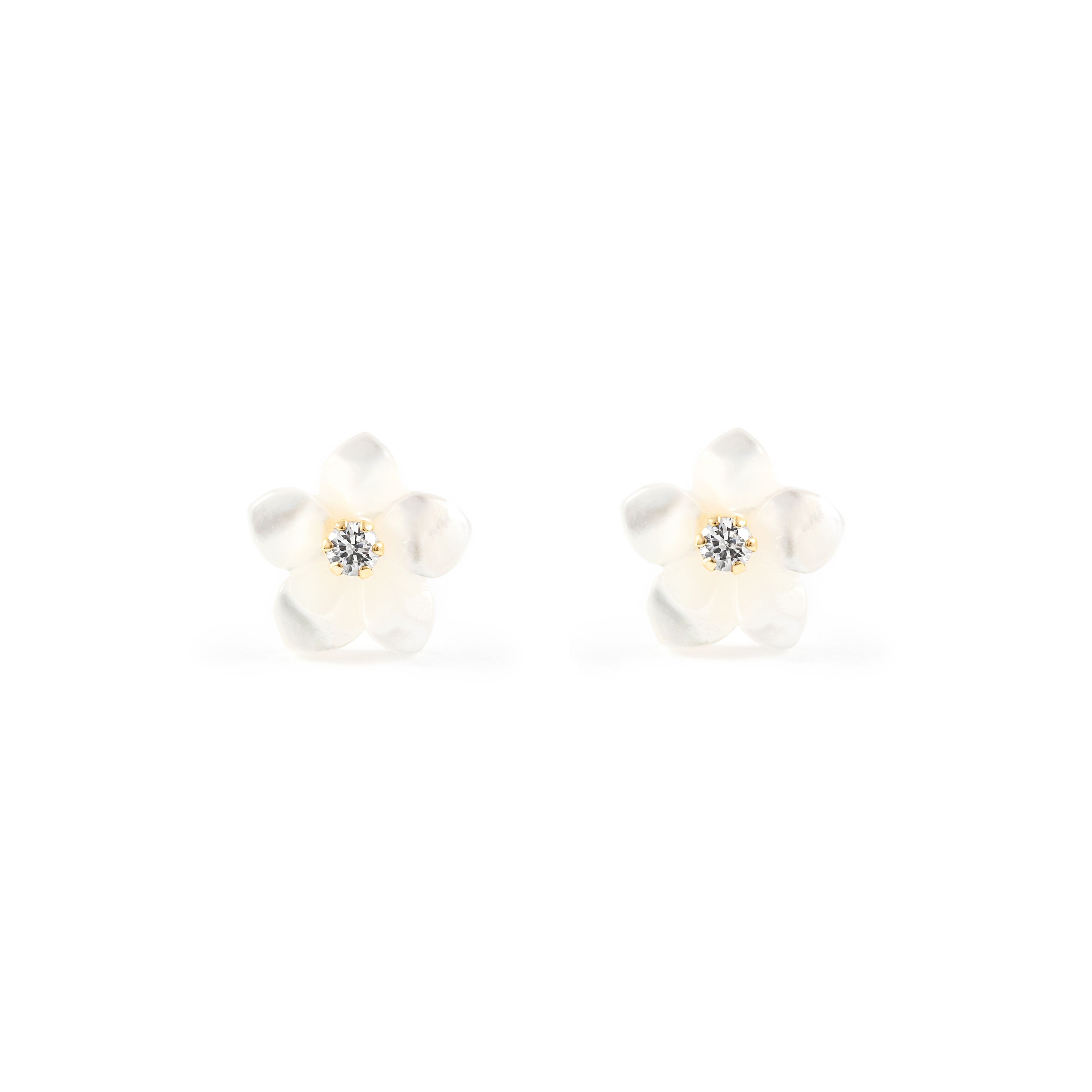 Women's-Girl's Earrings 18K Yellow Gold Mother of Pearl Shiny Zirconia Flower