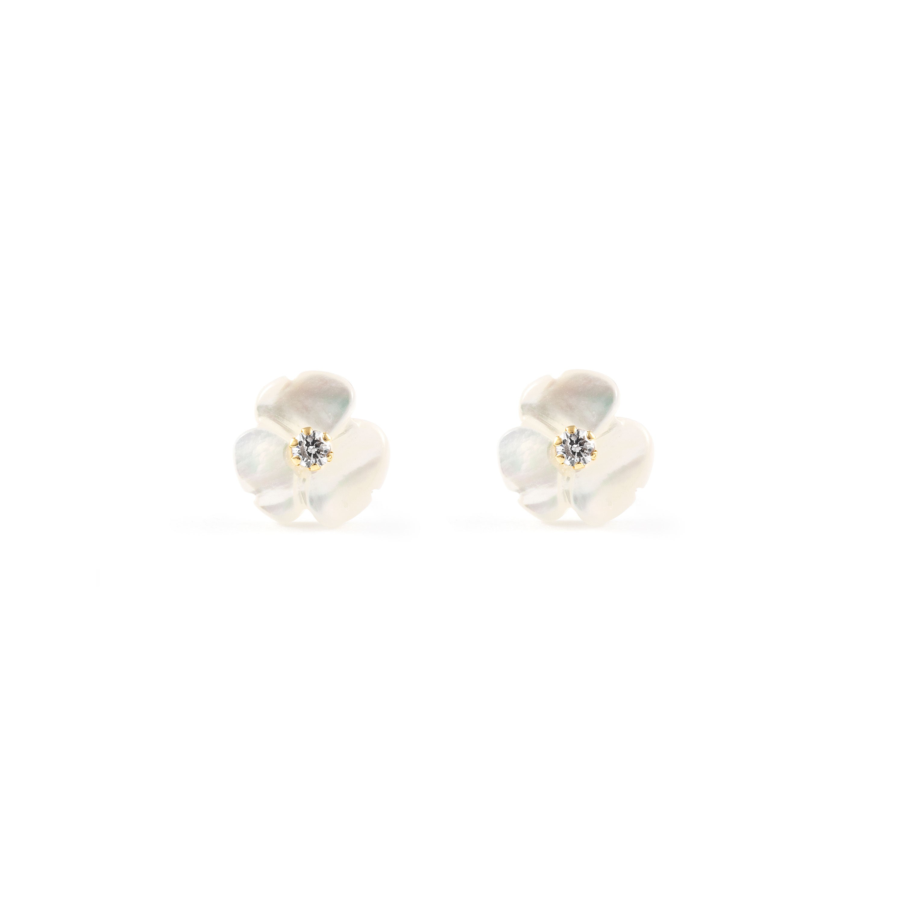 Women's-Girl's Earrings 18K Yellow Gold Mother of Pearl Shiny Zirconia Flower