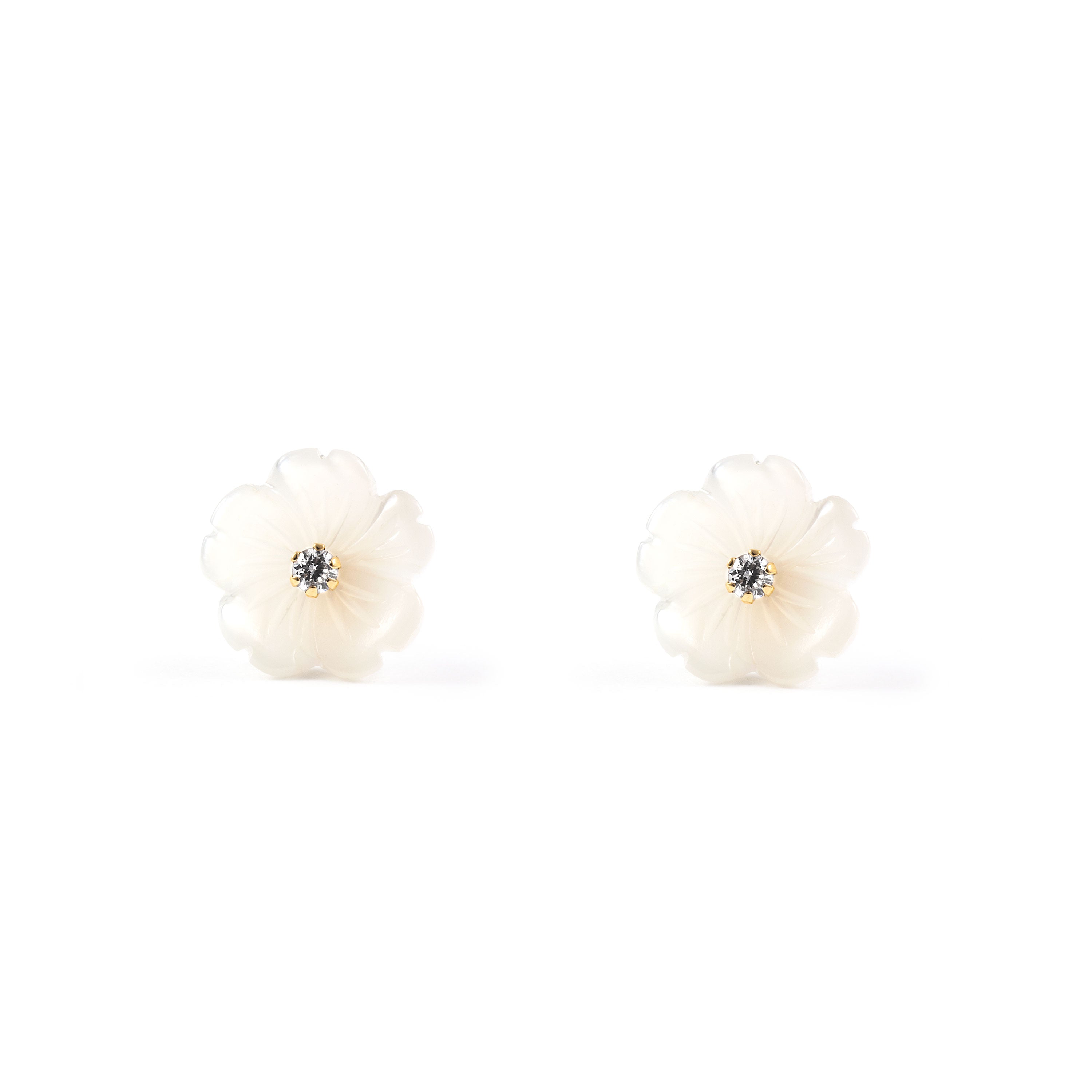 Women's-Girl's Earrings 9K Yellow Gold Mother of Pearl Shiny Zirconia Flower