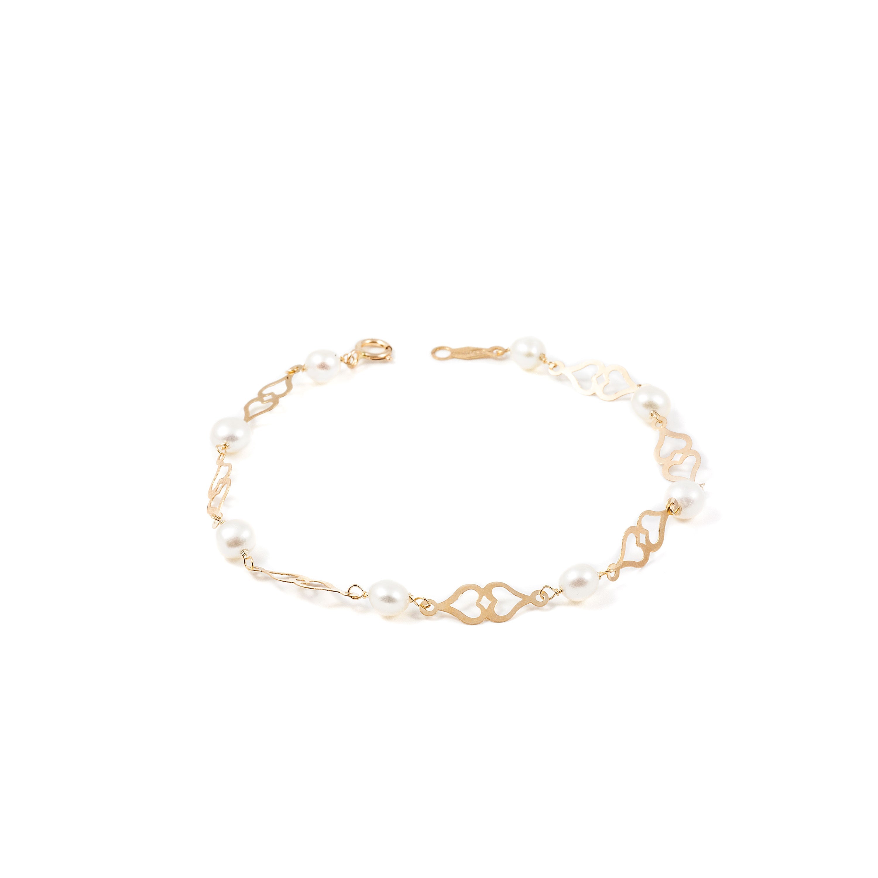 Girl's Bracelet 9K Yellow Gold Round Pearl 4 mm Shiny Heart 18 cm