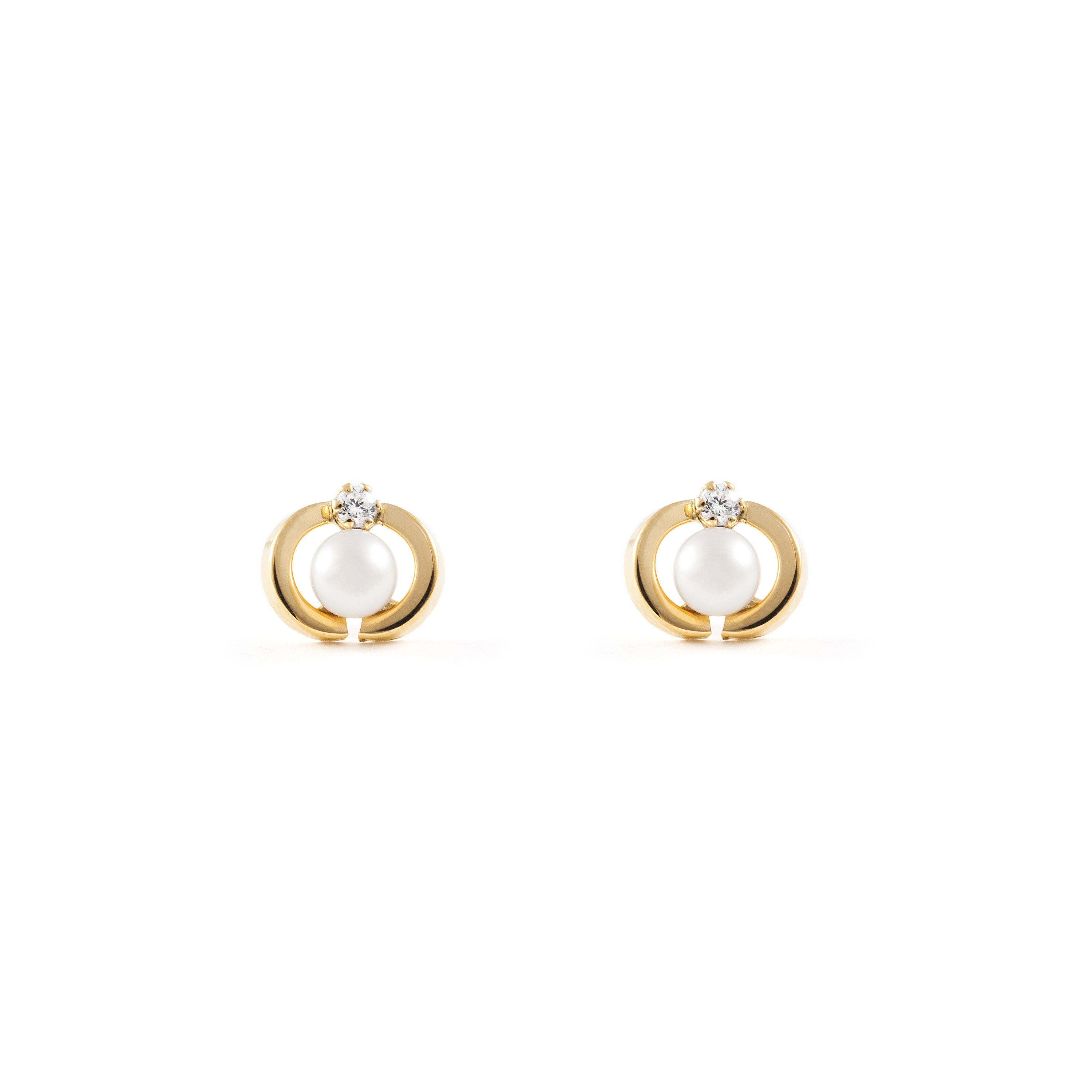 Girl's Earrings 18K Yellow Gold Button Pearl 3 mm Shiny Zirconia