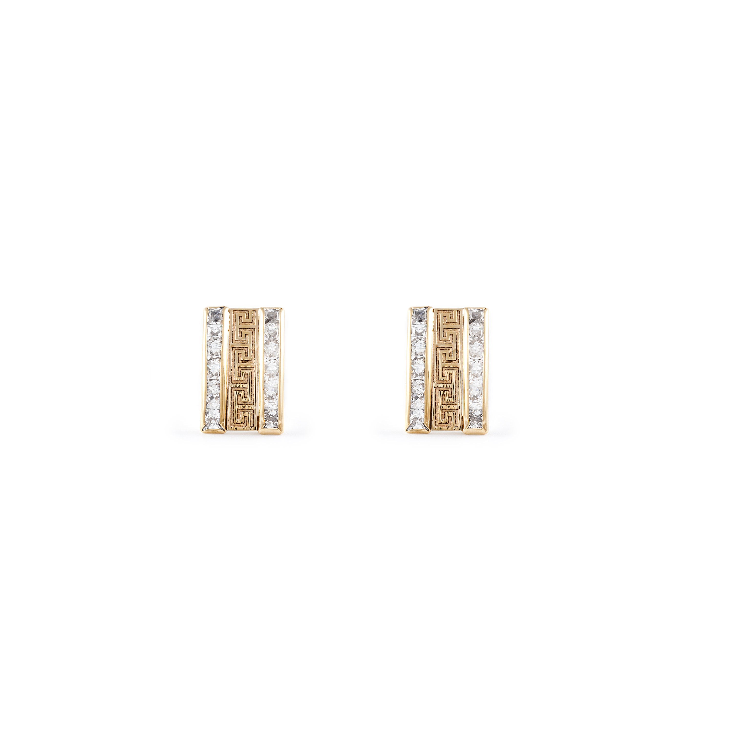 Women's-Girl's Earrings 9K Yellow Gold Rectangular Greca Zirconia