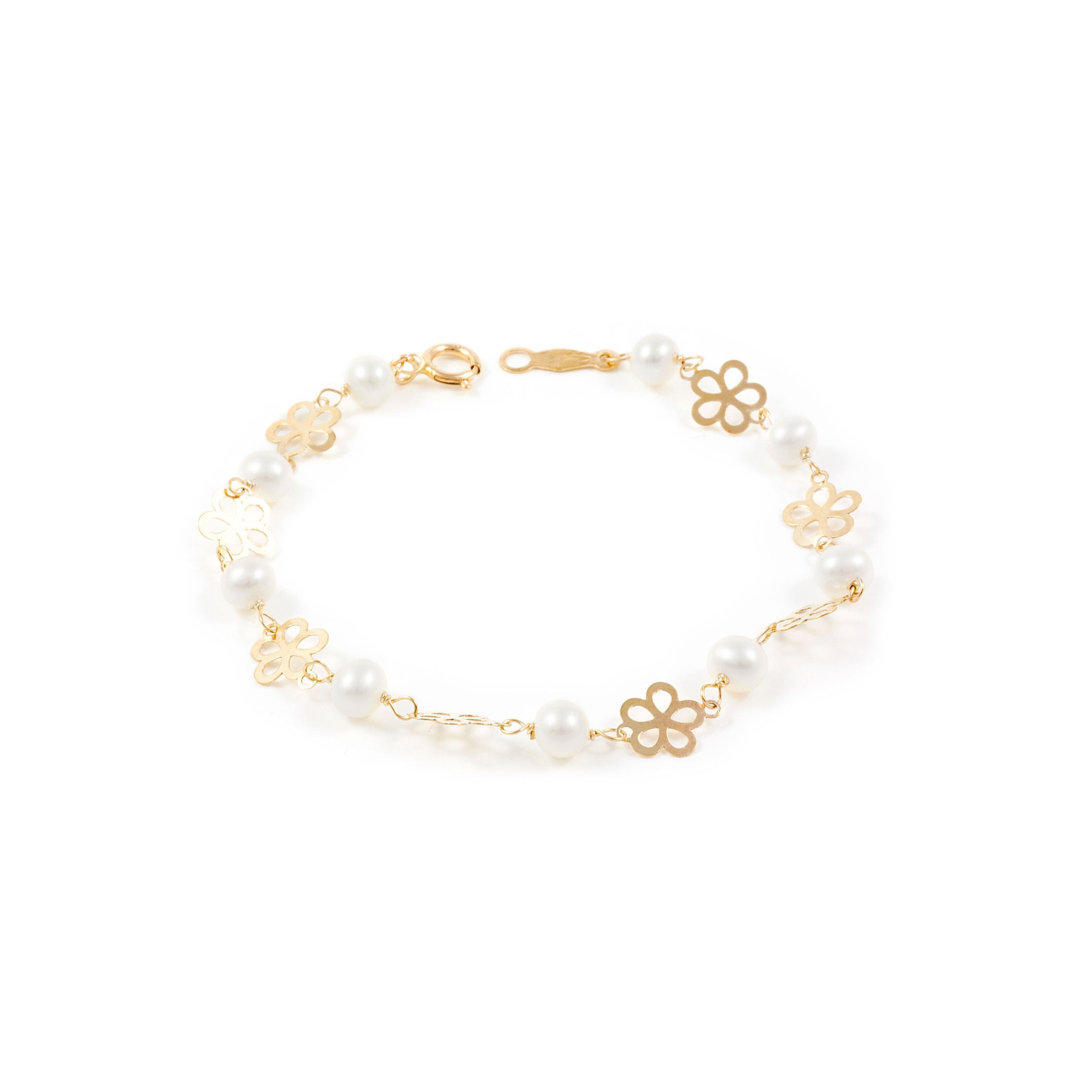 Girl's Bracelet 9K Yellow Gold Round Pearl 4 mm Shiny Flower 15 cm