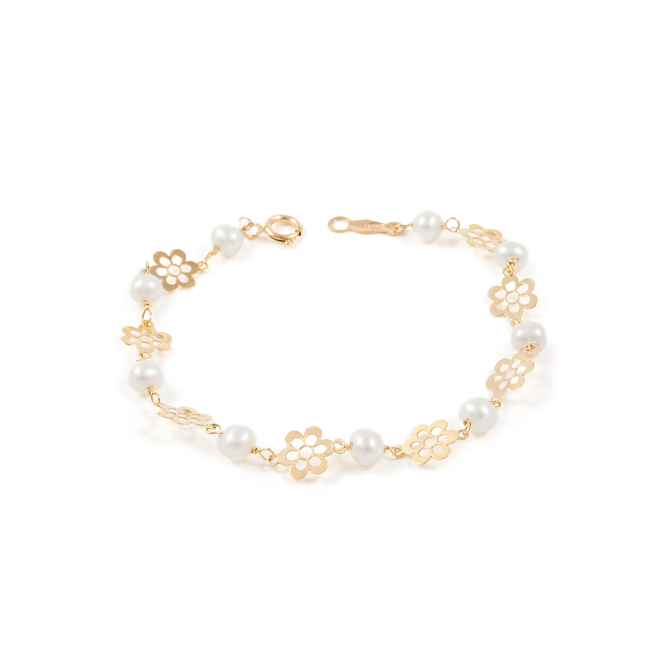 Girl's Bracelet 9K Yellow Gold Round Pearl 4 mm Shiny Daisy Flower 15 cm