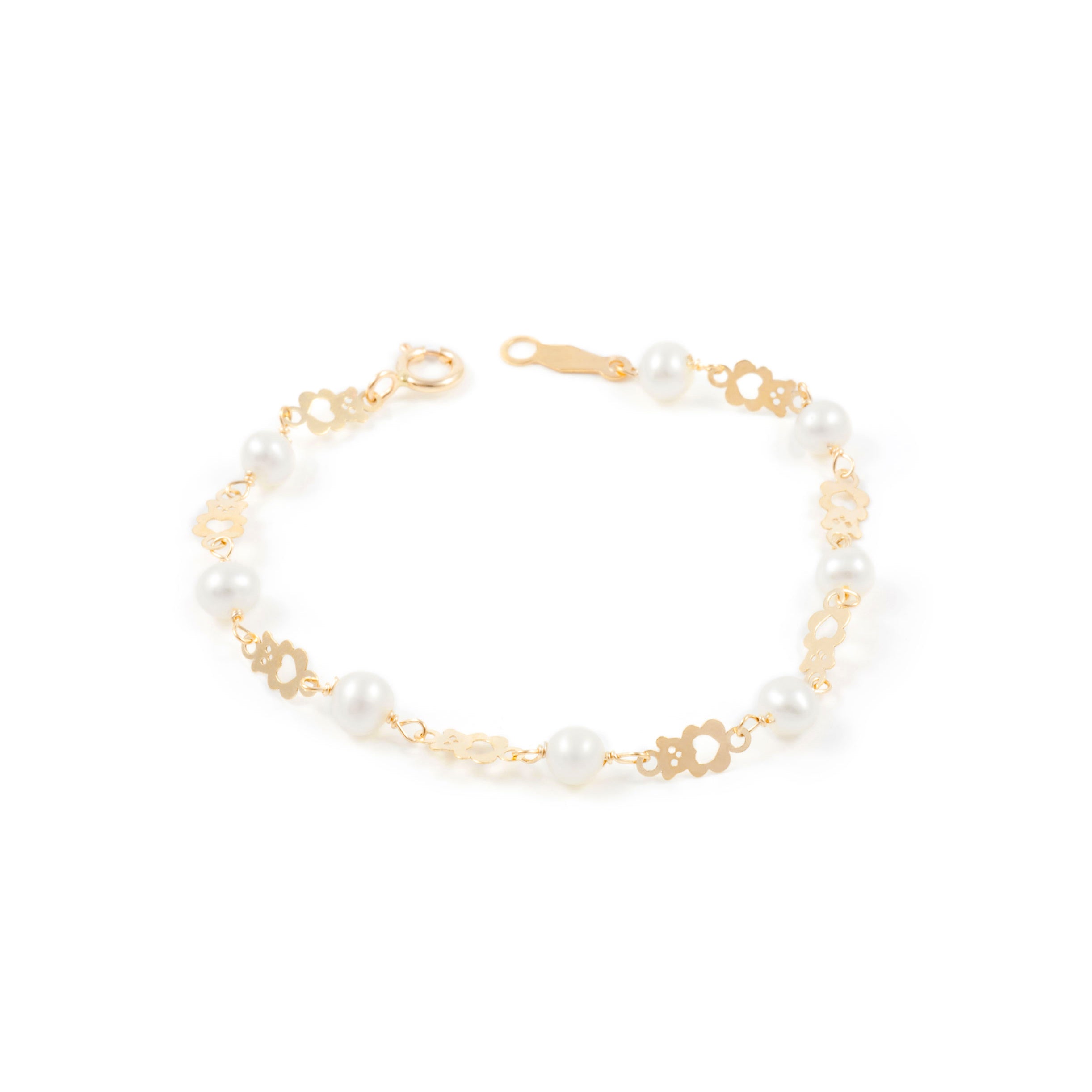 Girl's Bracelet 9K Yellow Gold Round Pearl 4 mm Shiny Bear 14 cm