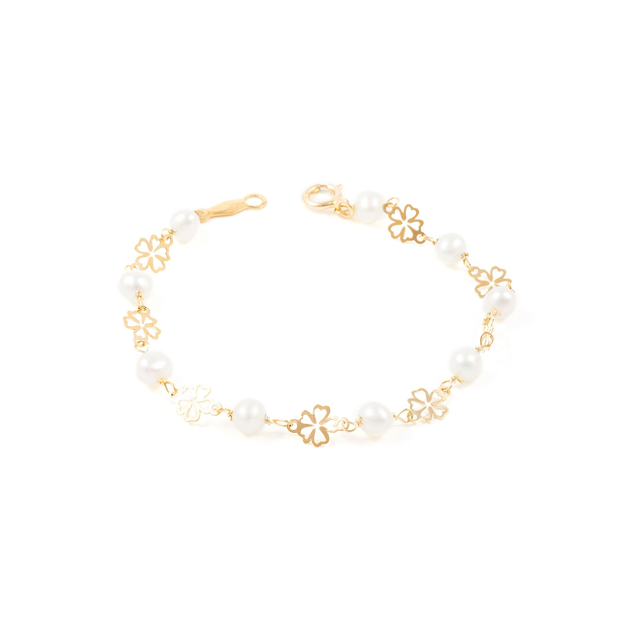 Girl's Bracelet 9K Yellow Gold Round Pearl 4 mm Shiny Flower 13 cm