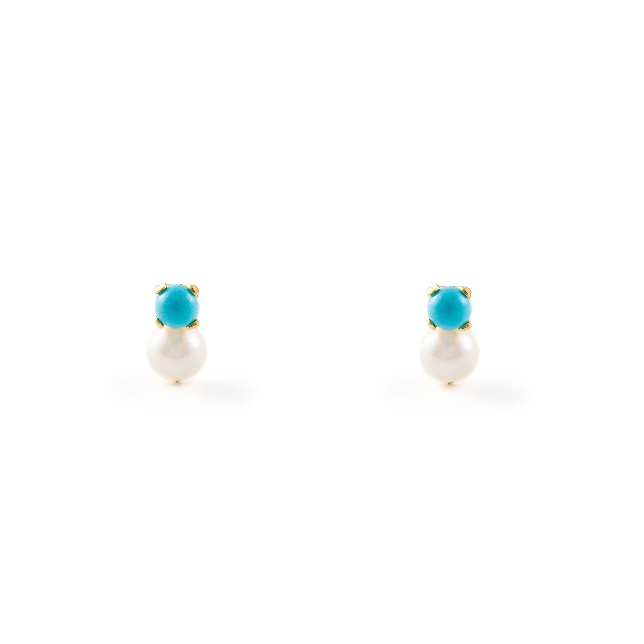 Pendientes Bebe Oro Amarillo 18K Tu y Yo Perla Redonda 3 mm Turquesa 2 mm Brillo