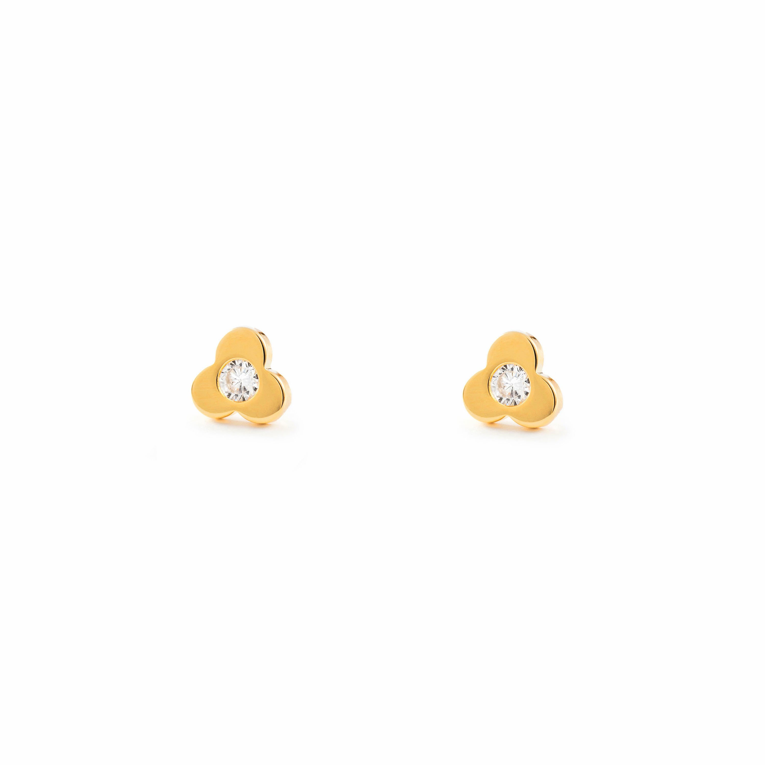 Pendientes Bebe Oro Amarillo 18K Trebol Circonita Brillo